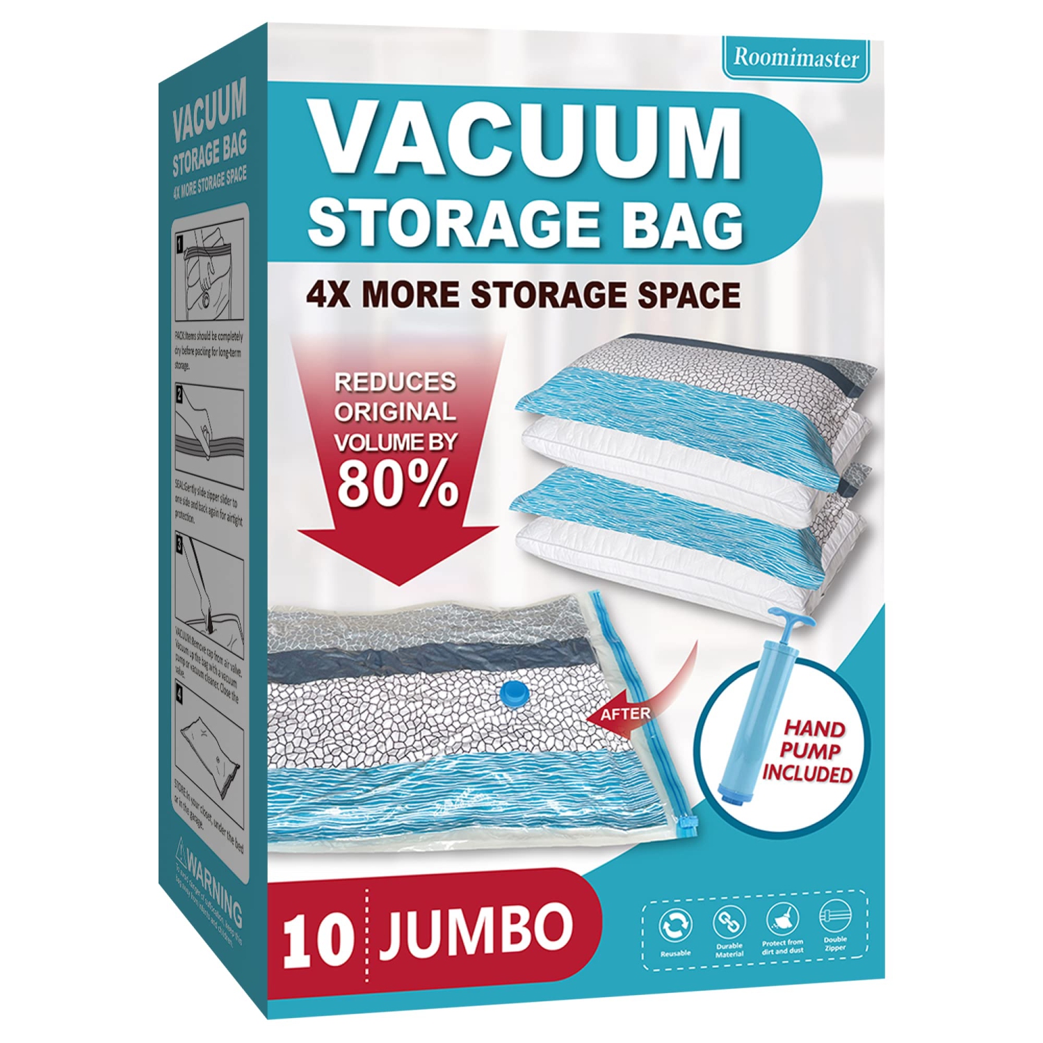 Storage Bags, 10 Jumbo Space Saver Bags Vacuum Seal Bags with Pump, Space Bags, Vacuum Sealer Bags for Clothes, Comforters, Blankets, Bedding