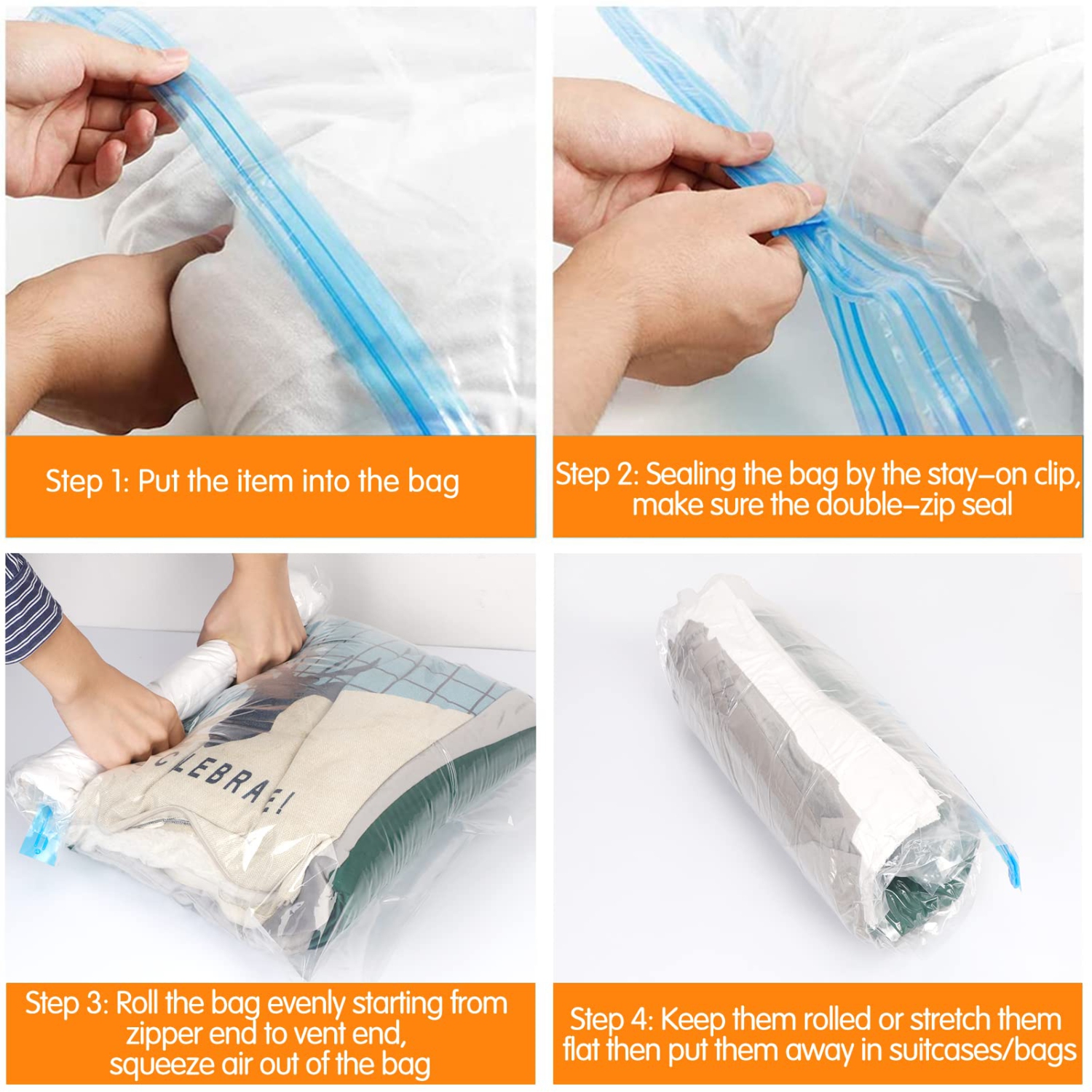 Vacuum Storage Bags, Set of 4 Space Saver Bags Vacuum Sealer Bags, Saves 80% of Storage Space, Double-zip Seal Roll-Up Compression Bags for Travel,