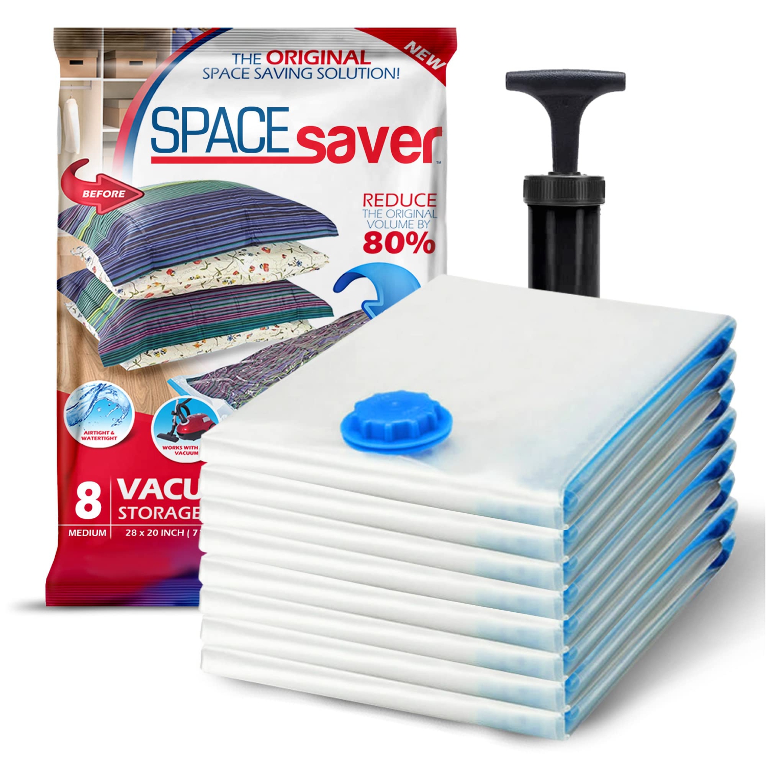 Premium Vacuum Storage Bags. 80% More Storage! Hand-Pump for Travel! Double-Zip Seal and Triple Seal Turbo-Valve for Max Space Saving!