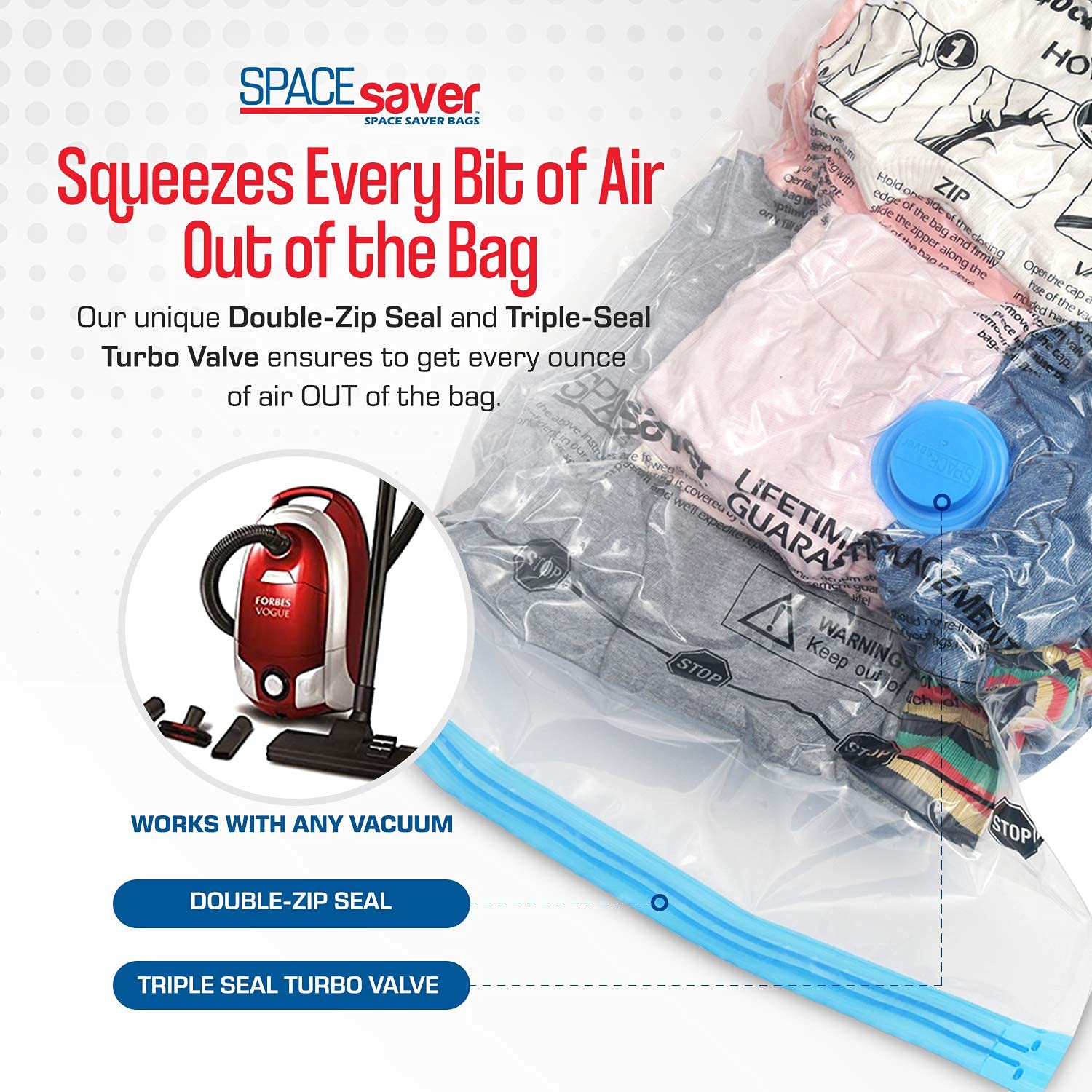 Premium Vacuum Storage Bags. 80% More Storage! Hand-Pump for Travel! Double-Zip Seal and Triple Seal Turbo-Valve for Max Space Saving!