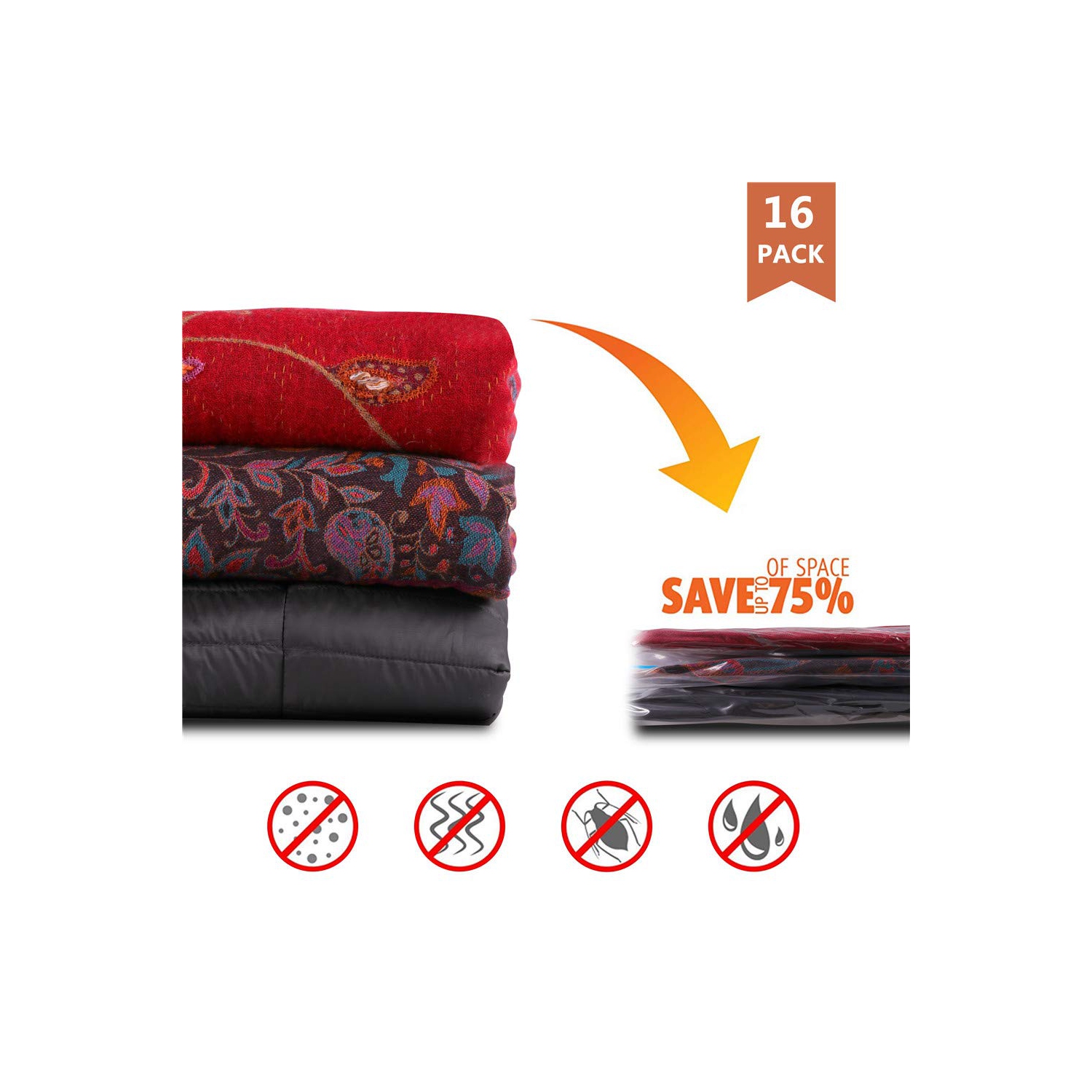 Bags -Pack of 16 Bags. Roll-Up Compression Storage, No Vacuum Pump Needed, Save 75% Luggage Space, Perfect for Travel/Camping/Home Storage