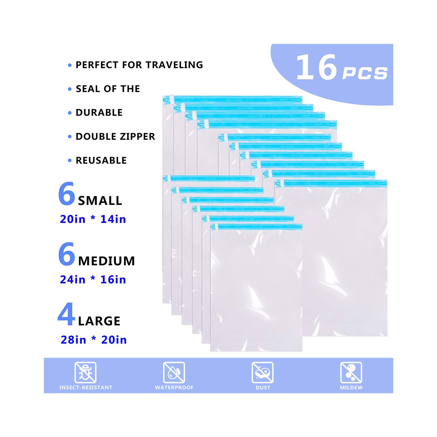 Bags -Pack of 16 Bags. Roll-Up Compression Storage, No Vacuum Pump Needed, Save 75% Luggage Space, Perfect for Travel/Camping/Home Storage