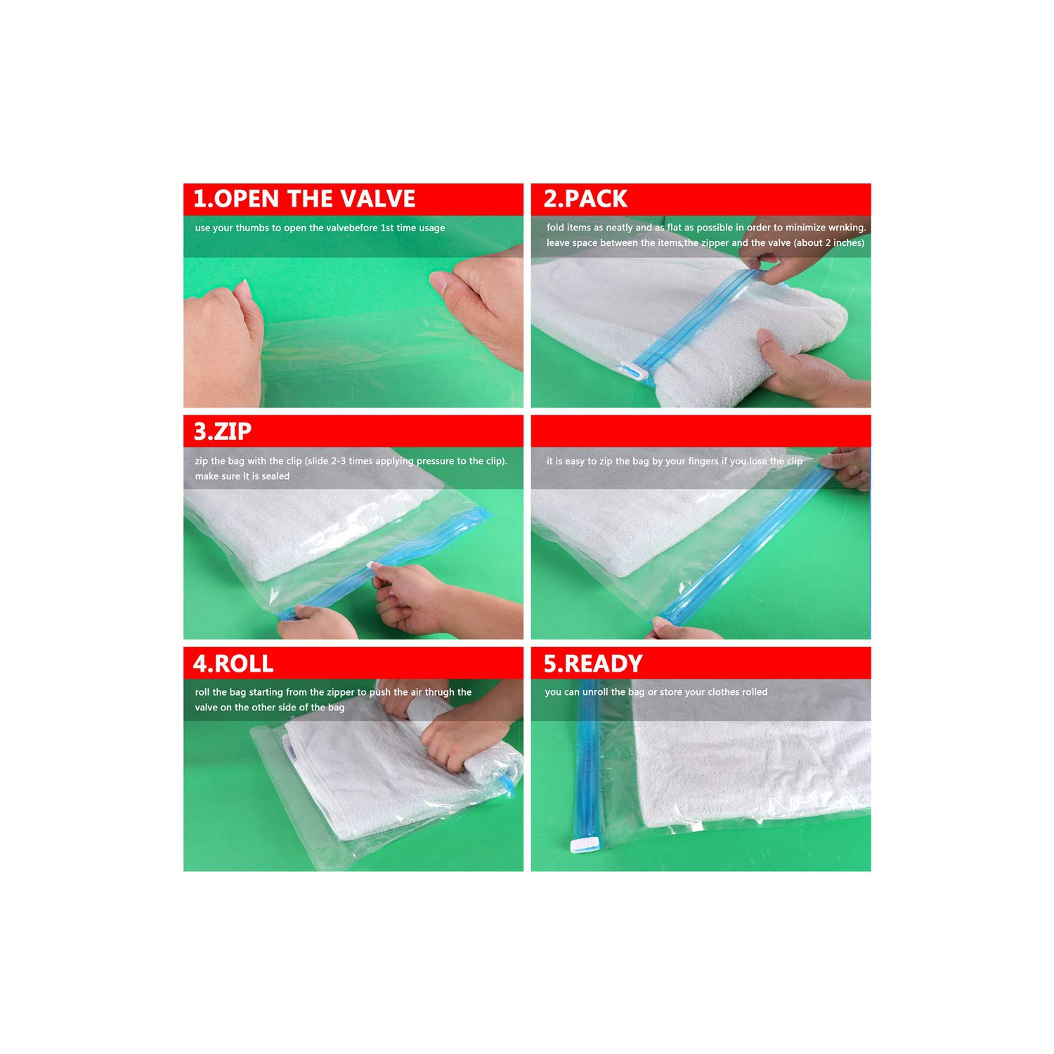 Bags -Pack of 16 Bags. Roll-Up Compression Storage, No Vacuum Pump Needed, Save 75% Luggage Space, Perfect for Travel/Camping/Home Storage