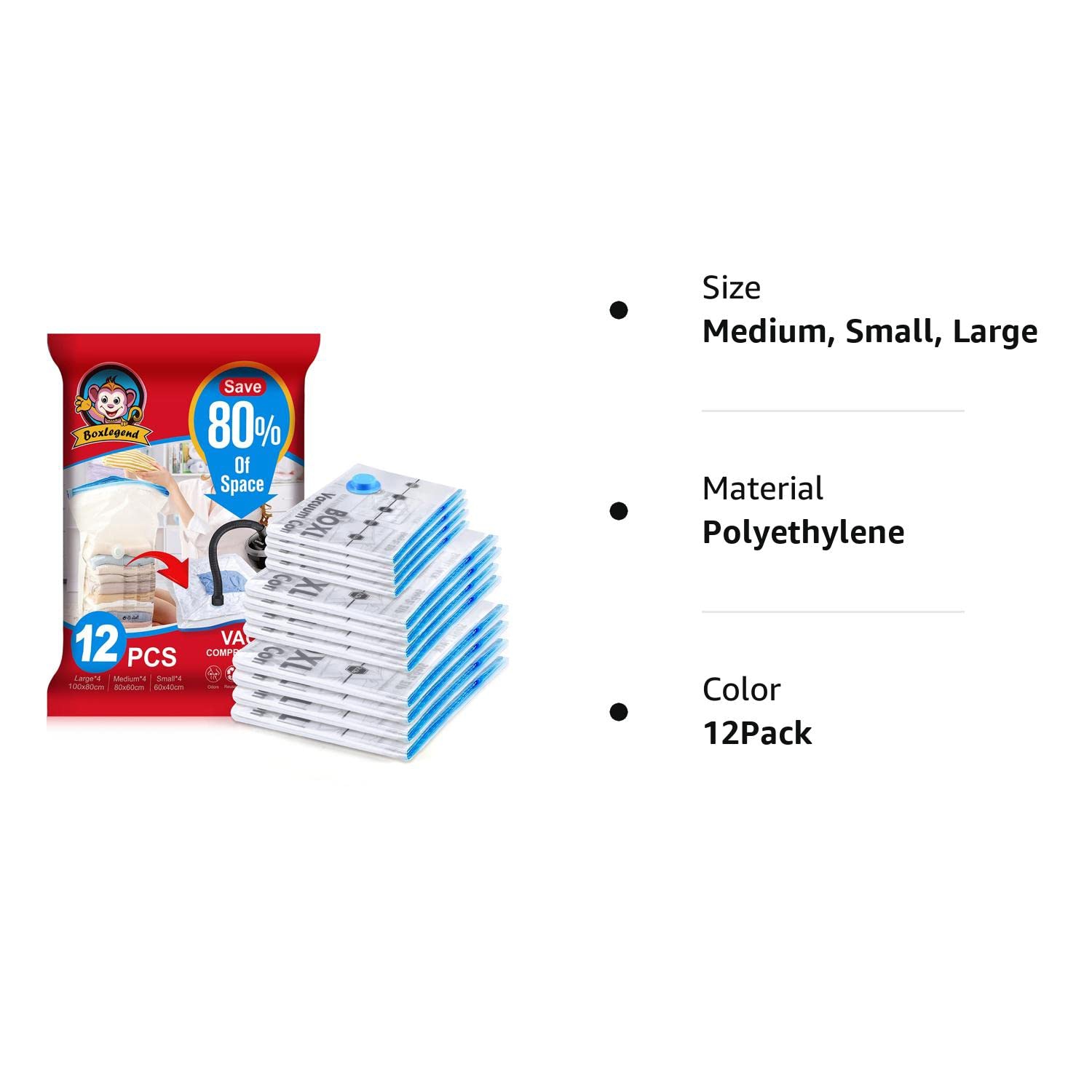 Vacuum Storage Bag 12 Pieces 4 Large 100x80cm + 4 Medium 80x60cm + 4 Small 60x40cm Storage Bags Travel Vacuum Reusable Clothes Bag for Clothes