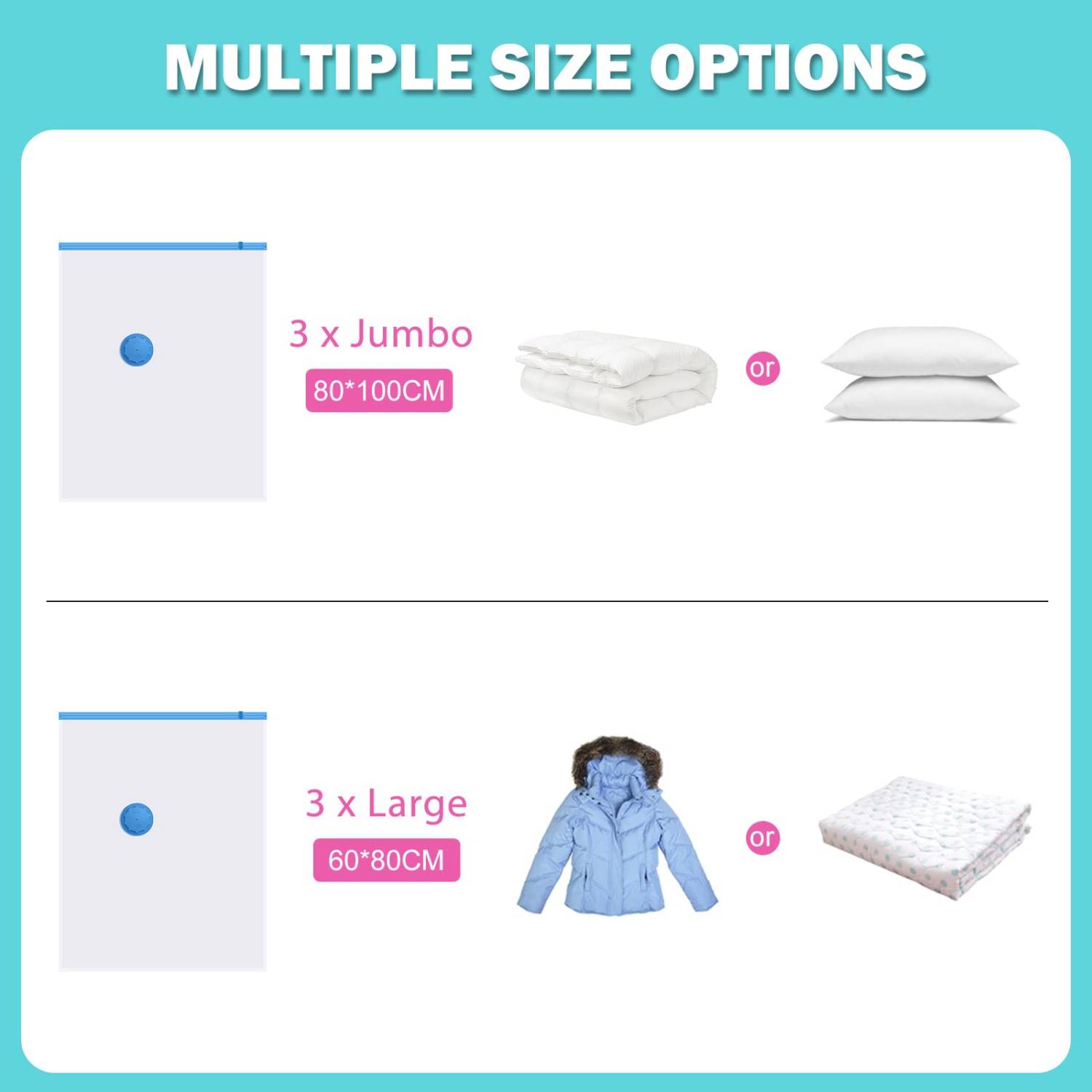 Vacuum Storage Bags for Clothes 6 Pack, Vacuum Sealer Bags Clothing , Space Saver Vacuum Storage Bags for Clothes Storage, Hand Pump Included