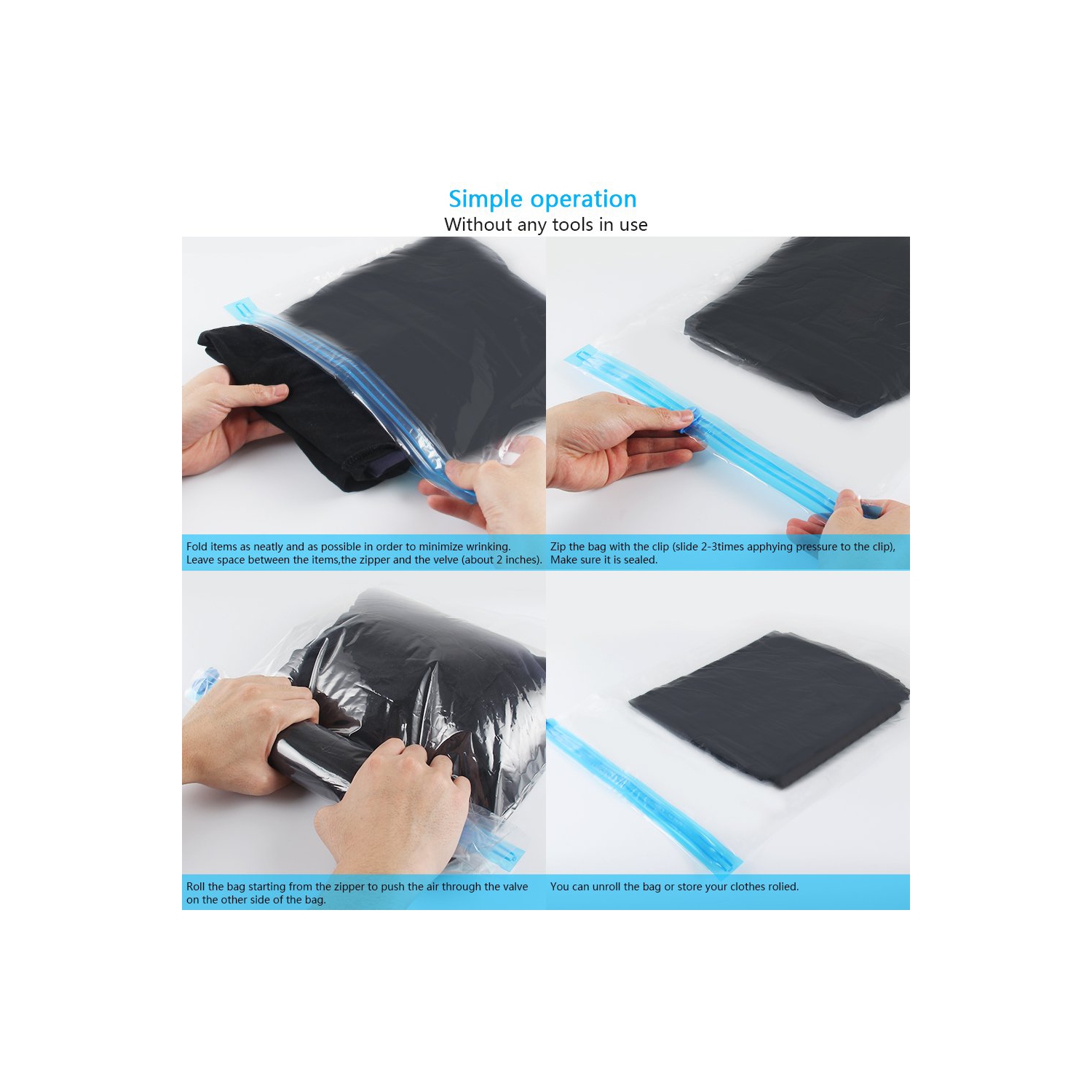 10Pack Travel Space Saver Bags, Reusable Vacuum Travel Storage Bag, Saves 75% of Storage Space, Roll-Up Compression, No Need for Vacuum Machine Or