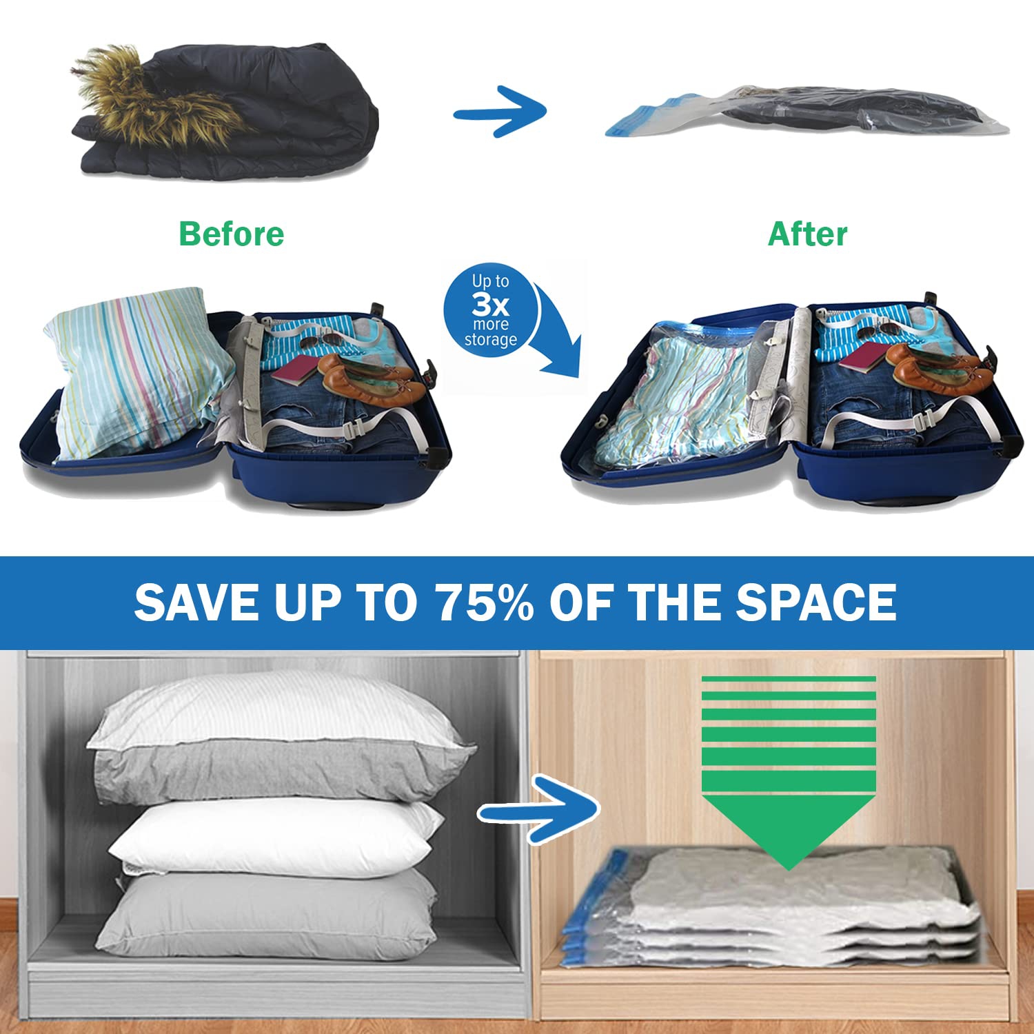 Travel Space Saver Bags. Pack of 8 Bags. Roll-Up Compression Storage (No Vacuum Needed) & Packing Organizers. Perfect for Travel and Home Storage by