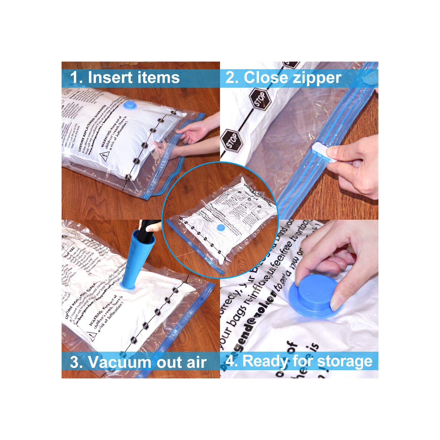 Sacs de rangement de qualité supérieure pour aspirateur, type plus épais 8 80 % plus petits sacs pour vêtements, couvertures, oreillers (8 COMBO)