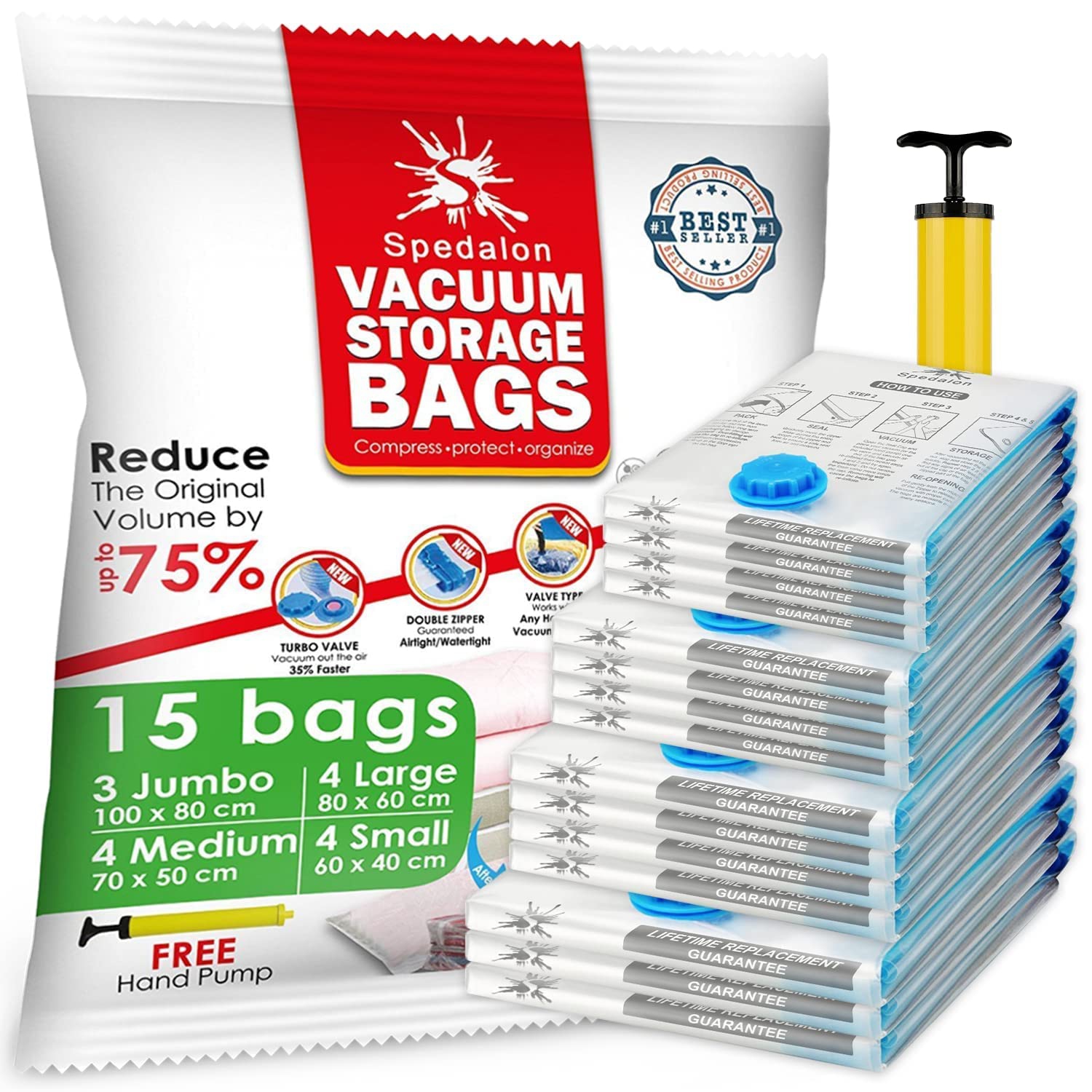 Vacuum Storage Bags - Pack of 15 ReUsable Space Savers | Free Hand Pump for Travel Packing. Best Sealer Bags for Clothes, Duvets, Bedding,