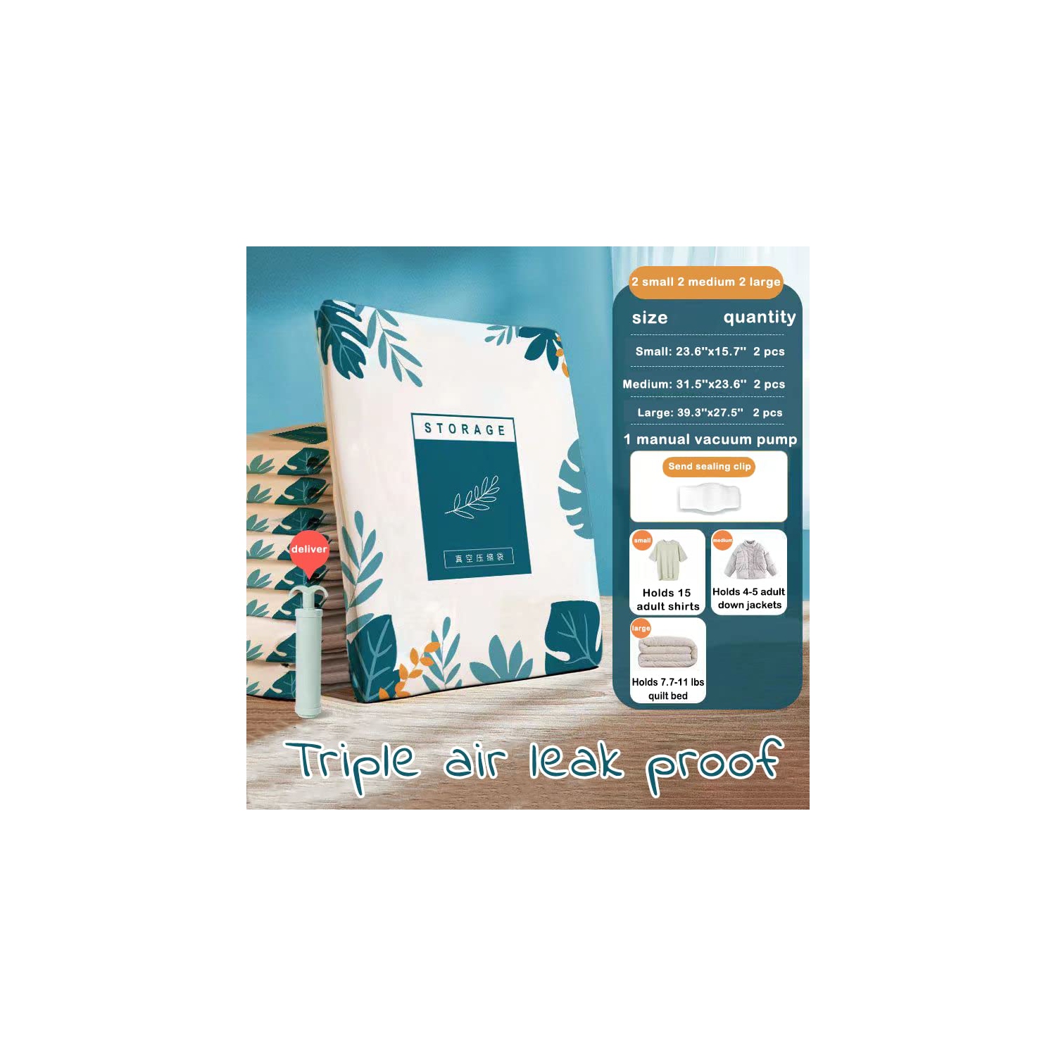 Vacuum Storage Bags Home Clothes Blanket Comforter Space Saver Vacuum Organization and Storage Bag, 6 Pack(2*LMS) with Hand Pump