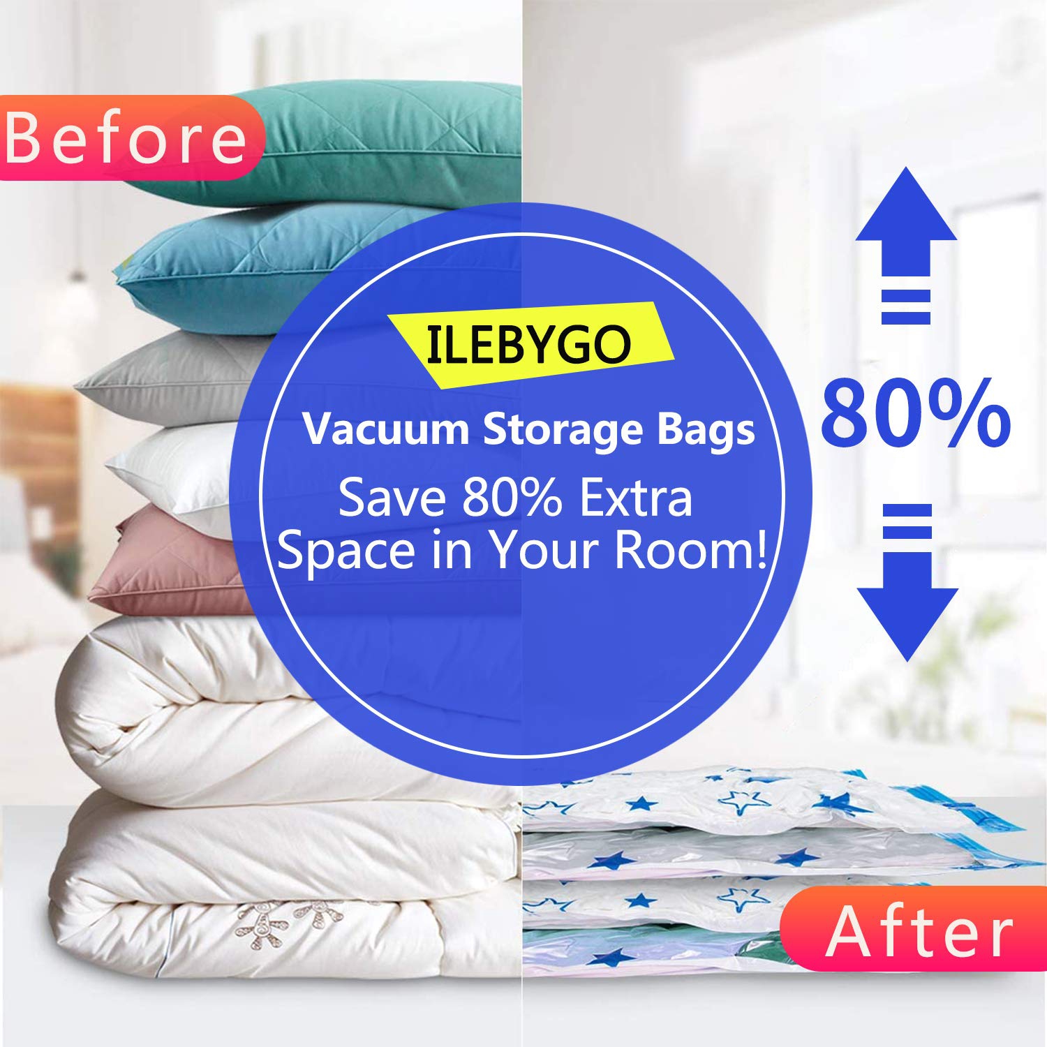 Vacuum Storage Bags 8 Pack Space Saver Bags with Travel Hand Pump Reusable Clothing Storage Bags for Clothes, Mattress, Blanket, Duvets, Pillows,