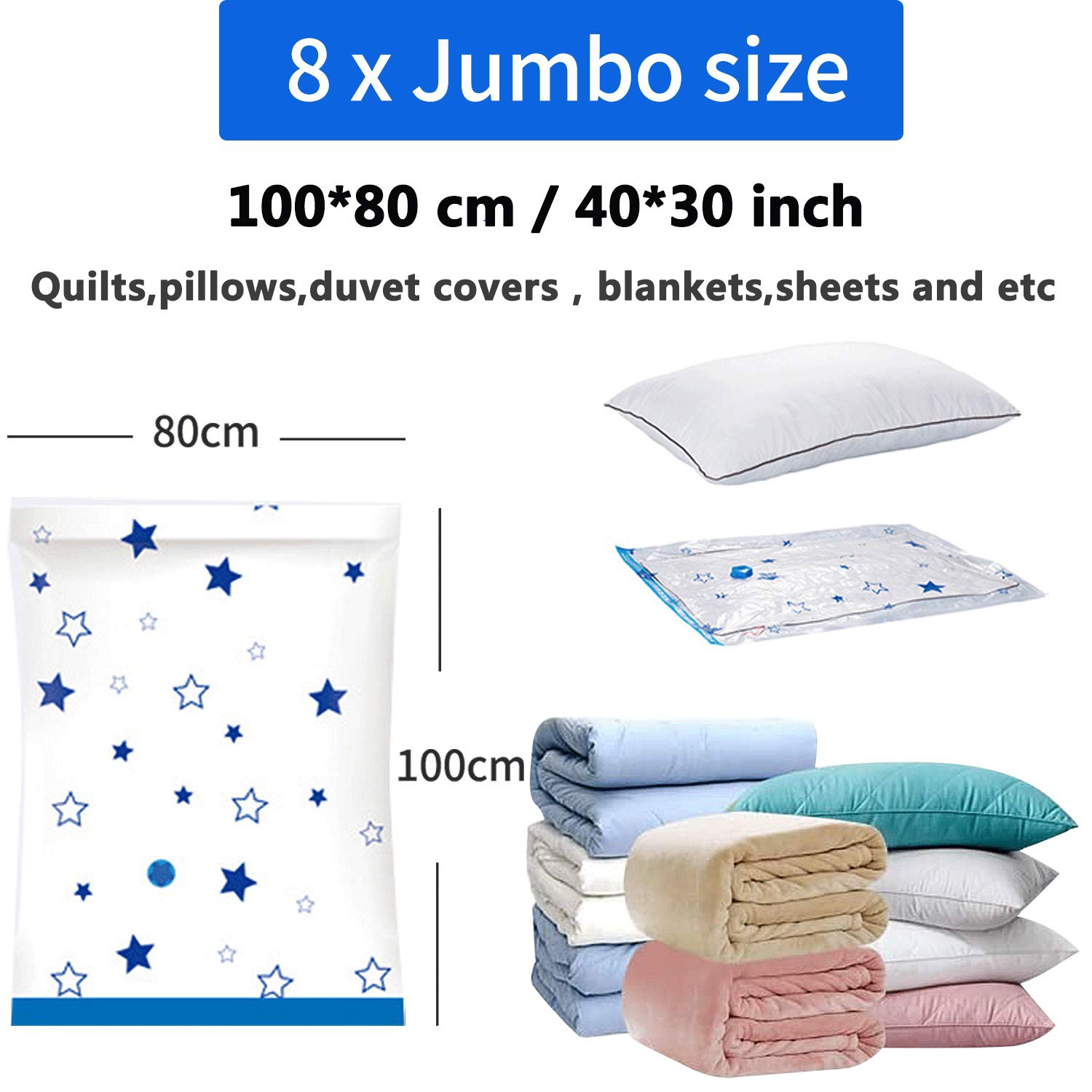 Vacuum Storage Bags 8 Pack Space Saver Bags with Travel Hand Pump Reusable Clothing Storage Bags for Clothes, Mattress, Blanket, Duvets, Pillows,