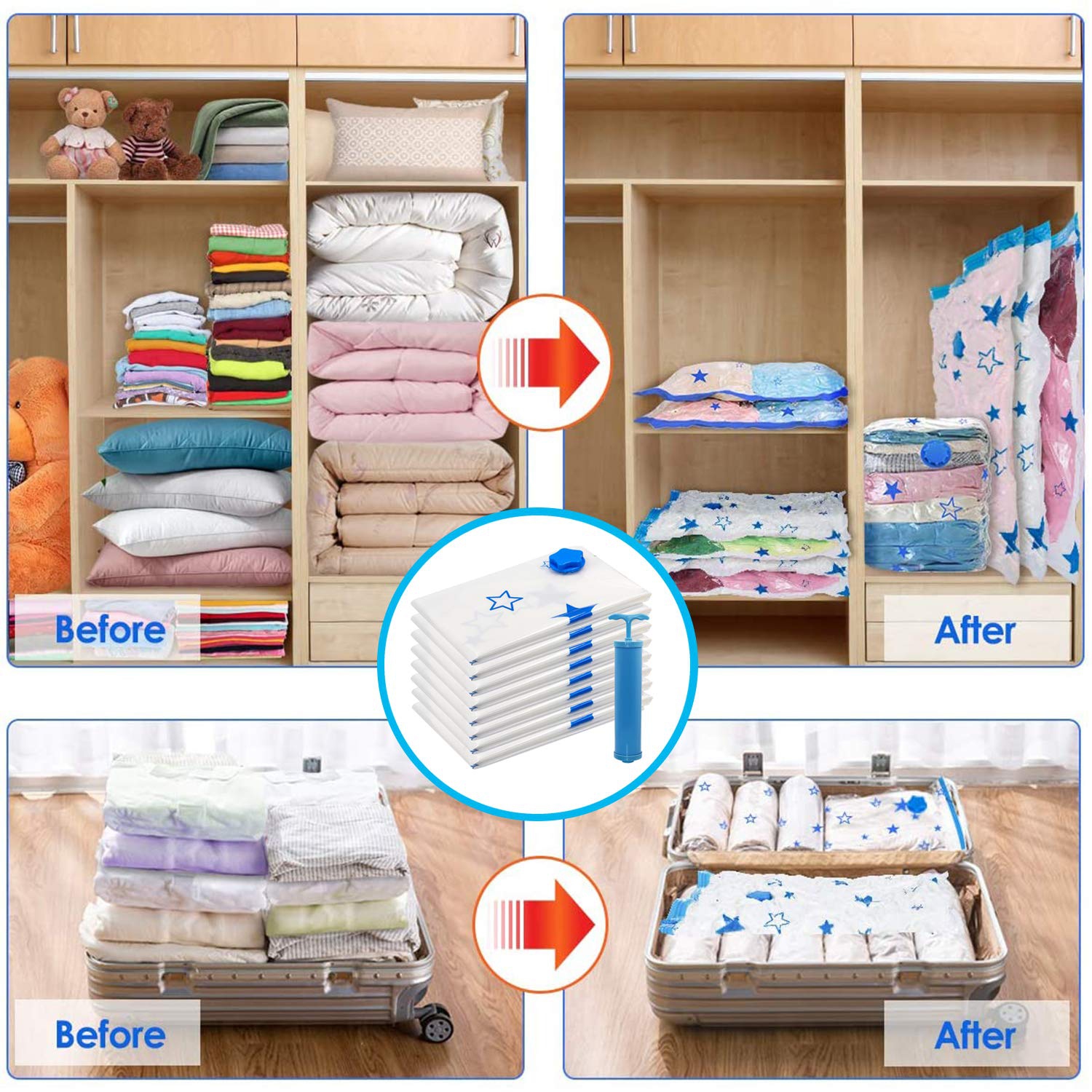 Vacuum Storage Bags 8 Pack Space Saver Bags with Travel Hand Pump Reusable Clothing Storage Bags for Clothes, Mattress, Blanket, Duvets, Pillows,