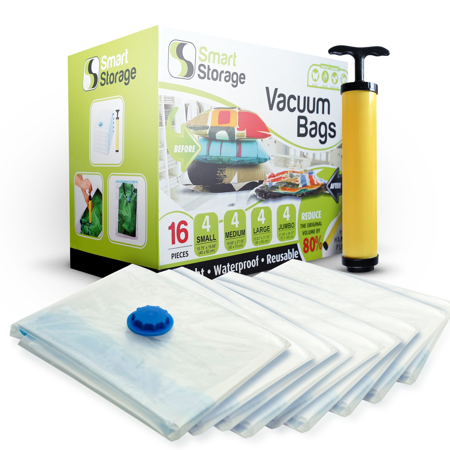 Sacs de rangement sous vide, 16 sacs peu encombrant sacs pour scelleuse sous vide pour le rangement de vêtements avec pompe à main de voyage