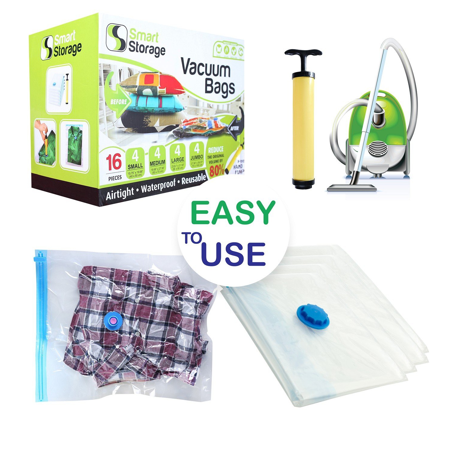 Sacs de rangement sous vide, 16 sacs peu encombrant sacs pour scelleuse sous vide pour le rangement de vêtements avec pompe à main de voyage