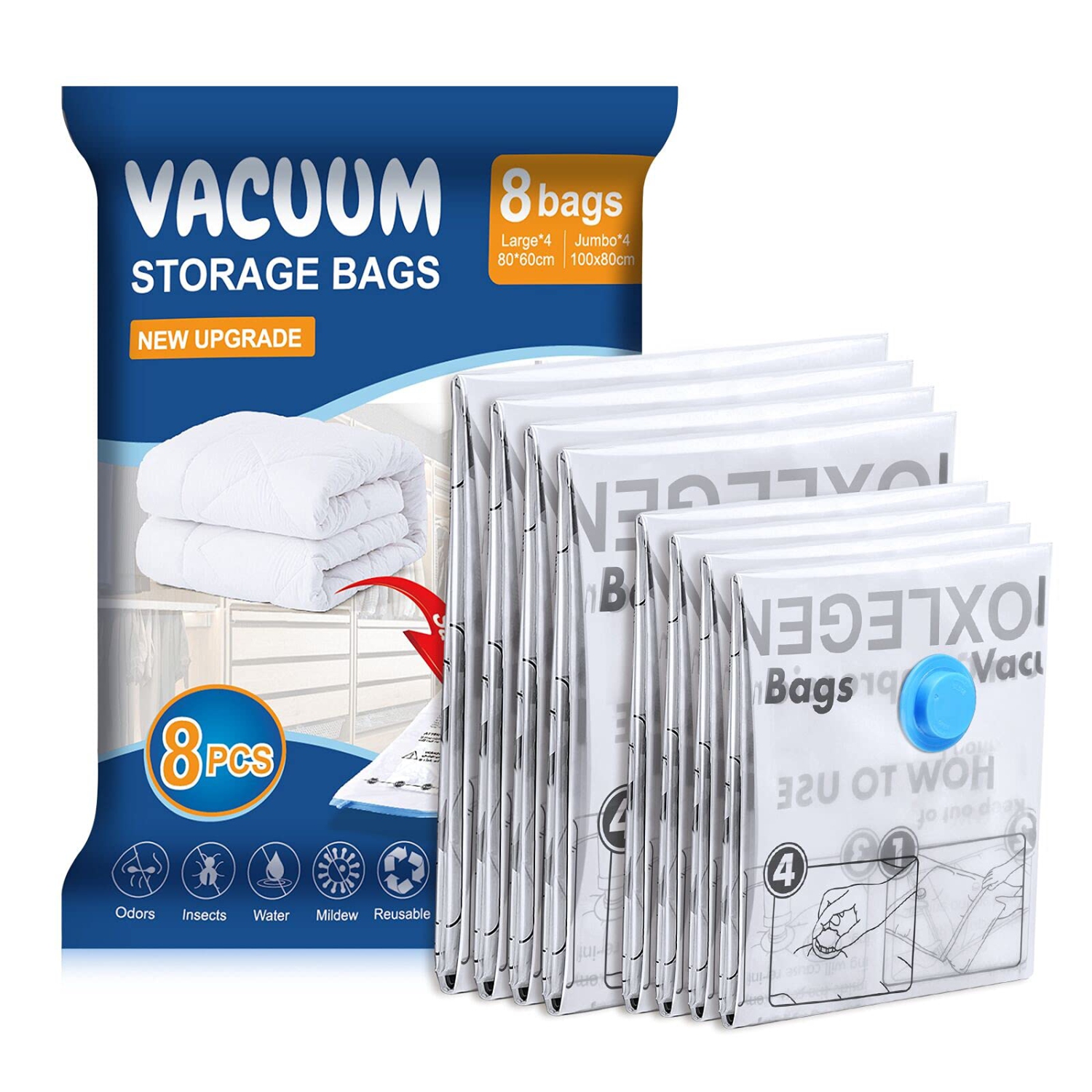 Vacuum Storage Bags 8 pack(4Jumbo, 4Large), Premium Space Saver bags for Clothes Duvets Blankets Pillows Comforters, travel storage.