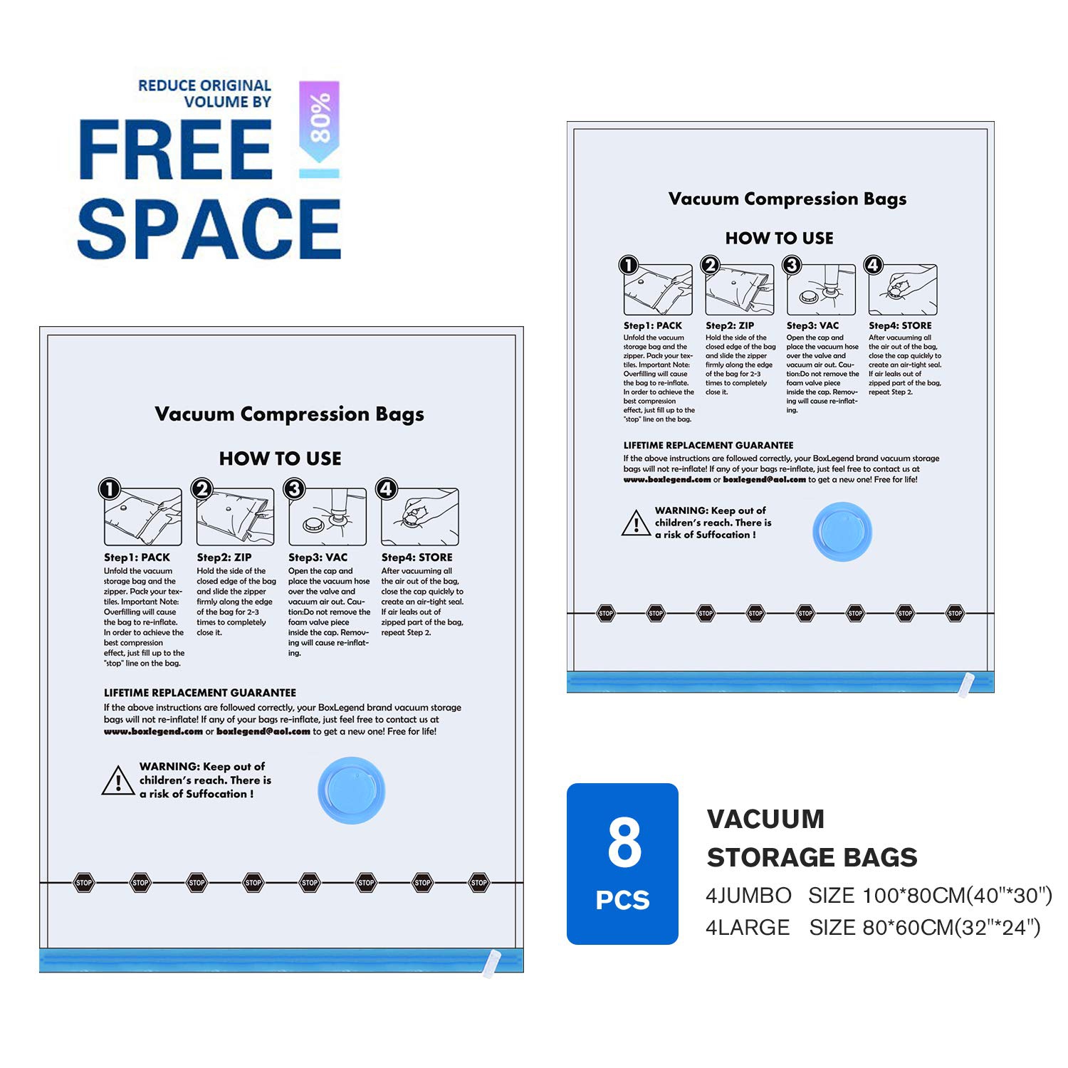 Vacuum Storage Bags 8 pack(4Jumbo, 4Large), Premium Space Saver bags for Clothes Duvets Blankets Pillows Comforters, travel storage.