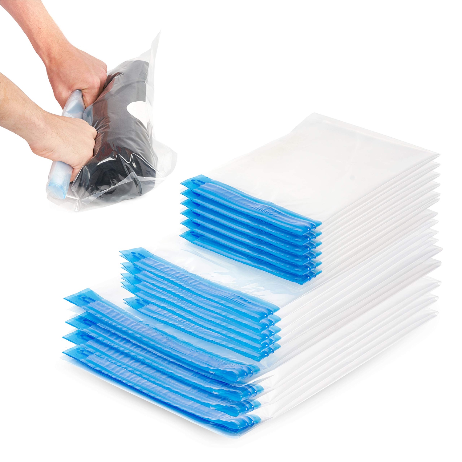 15 Premium Reusable Vacuum Storage Bags - Travel Roll Up Compression Bags, 3 Sizes - No Vacuum or Pump Needed - 75% More Space
