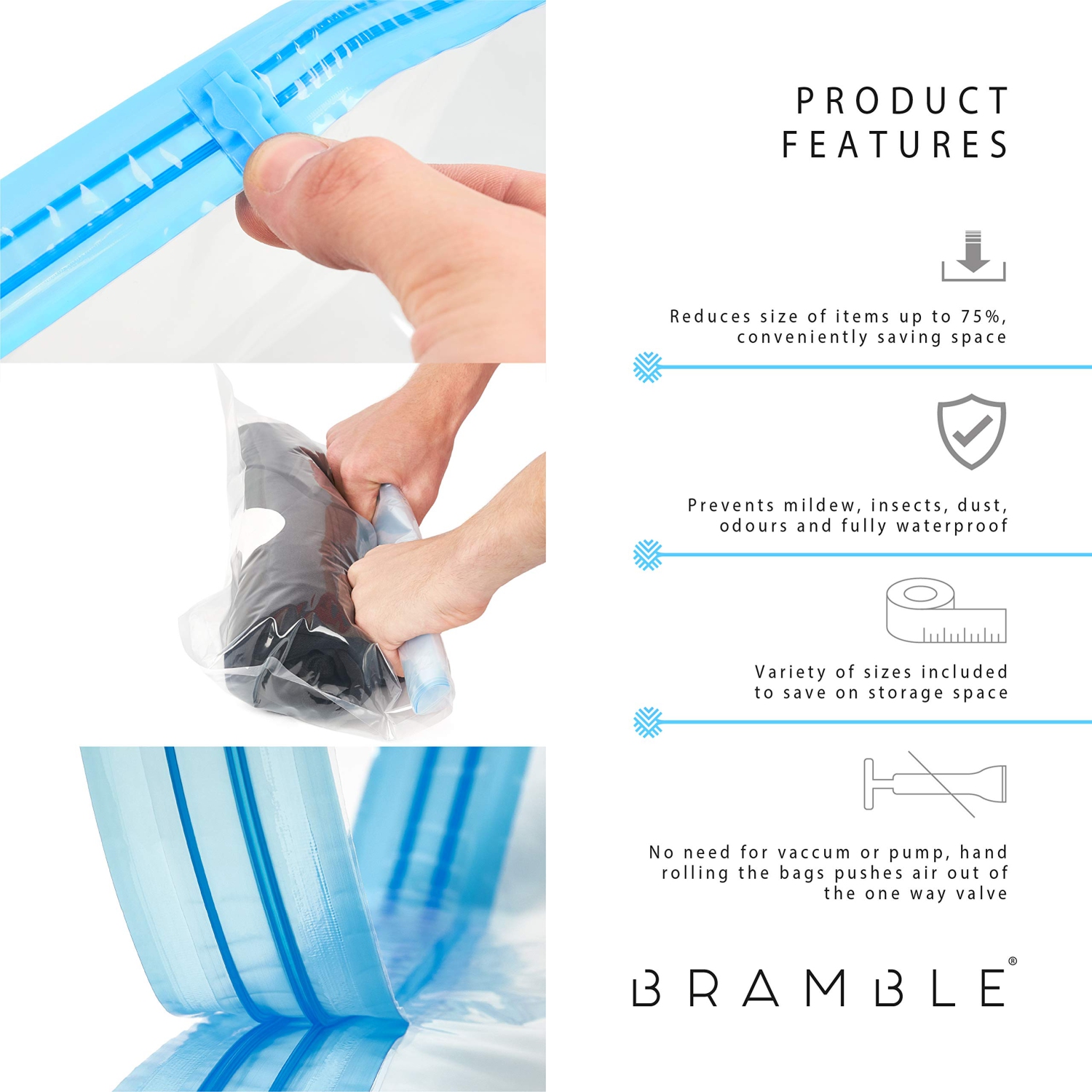 15 Premium Reusable Vacuum Storage Bags - Travel Roll Up Compression Bags, 3 Sizes - No Vacuum or Pump Needed - 75% More Space