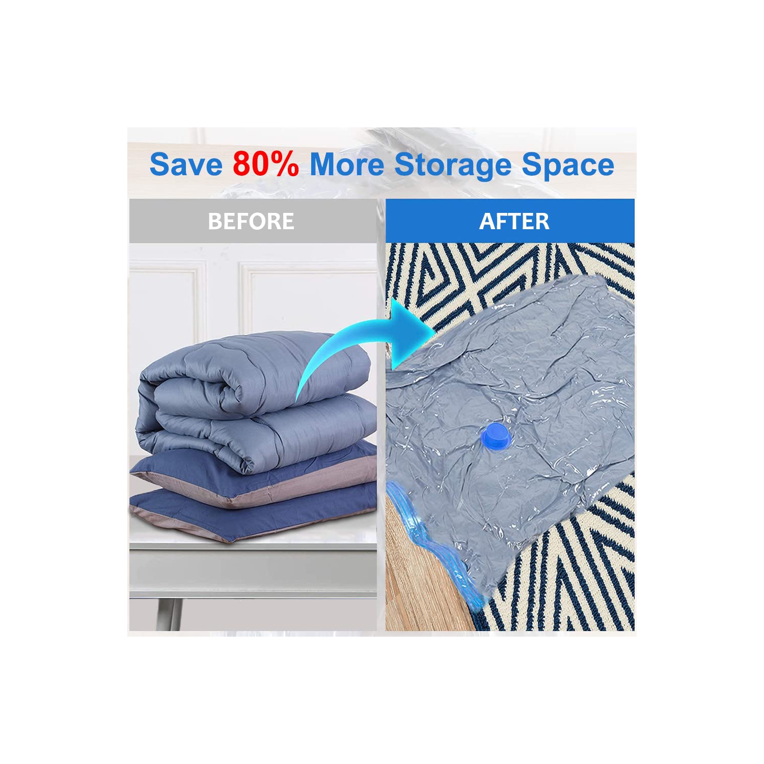 Vacuum Storage Bags, 10 Pack Reusable Space Bags with Free Hand Pump, Vaccumed Sealer Clothes Bags to Save 80% More Space for Pillows Clothes Duvets