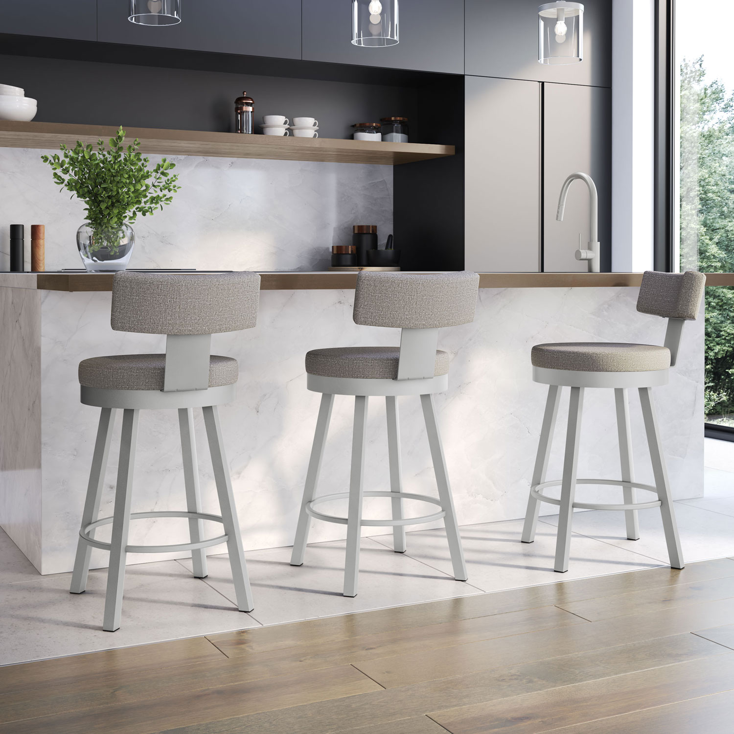 Morgan Contemporary Polyester Bar Height Barstool - Silver Grey/Shiny Grey