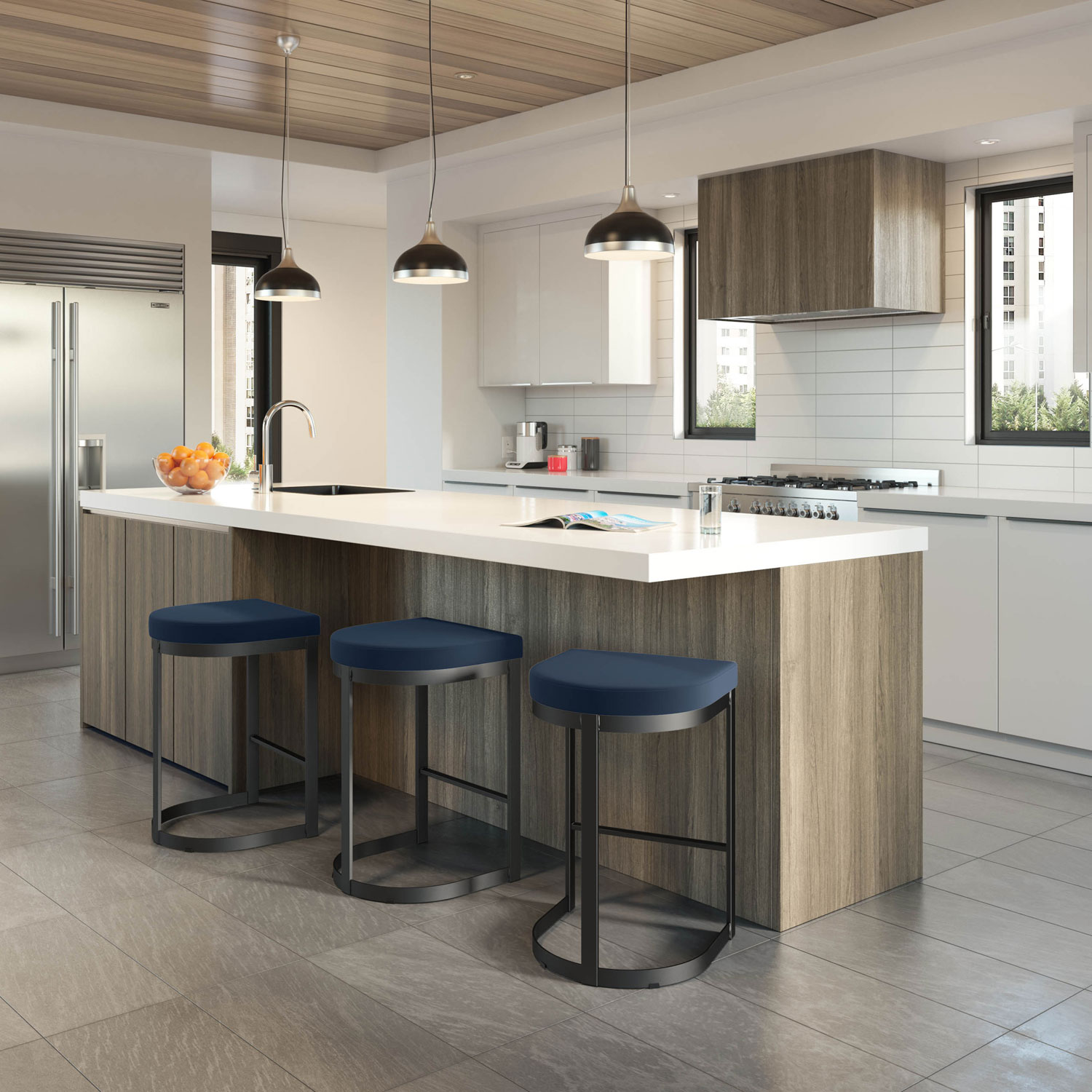 Tabouret de bar contemporain à hauteur de bar Lester - Bleu/Noir