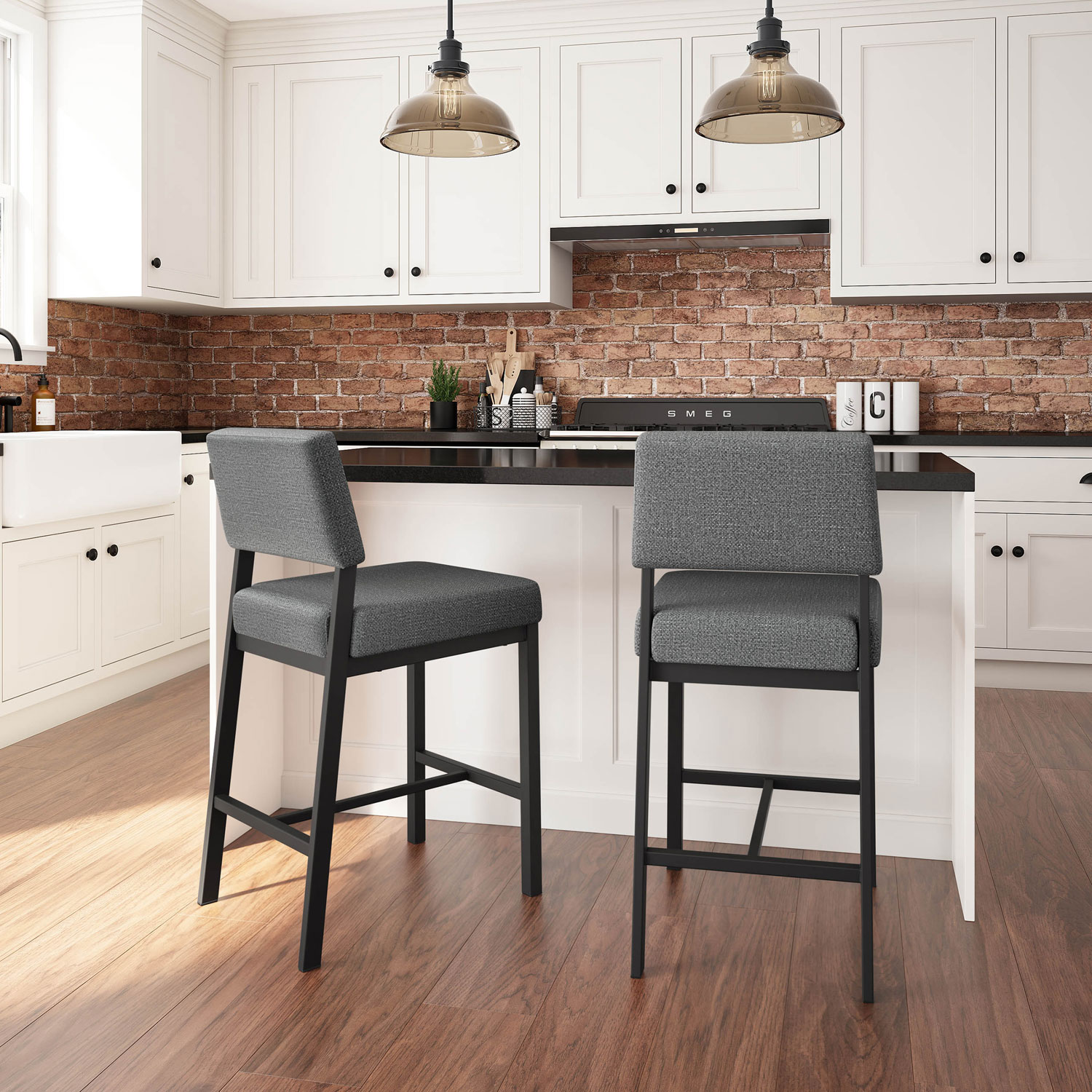 Tabouret de bar rustique à hauteur de bar Avery - Gris tissé/Noir