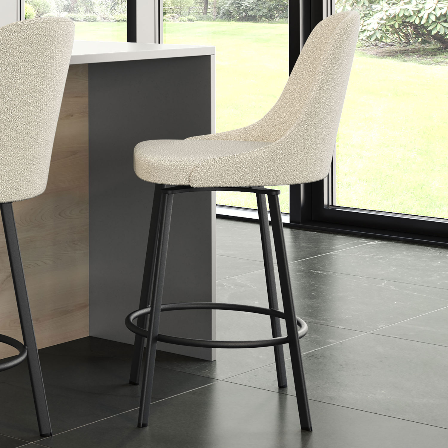 Tabouret de bar contemporain en polyester à hauteur de bar Harper - Tissu bouclé crème/Noir