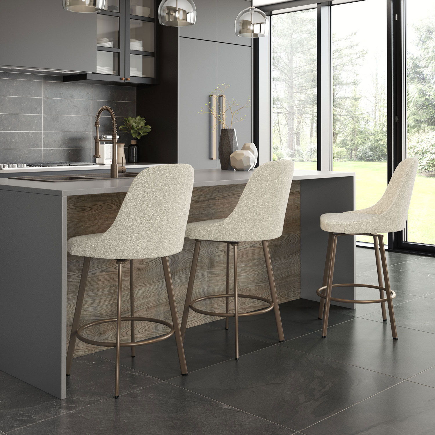 Tabouret de bar contemporain à hauteur de bar Harper - Tissu bouclé crème/Bronze