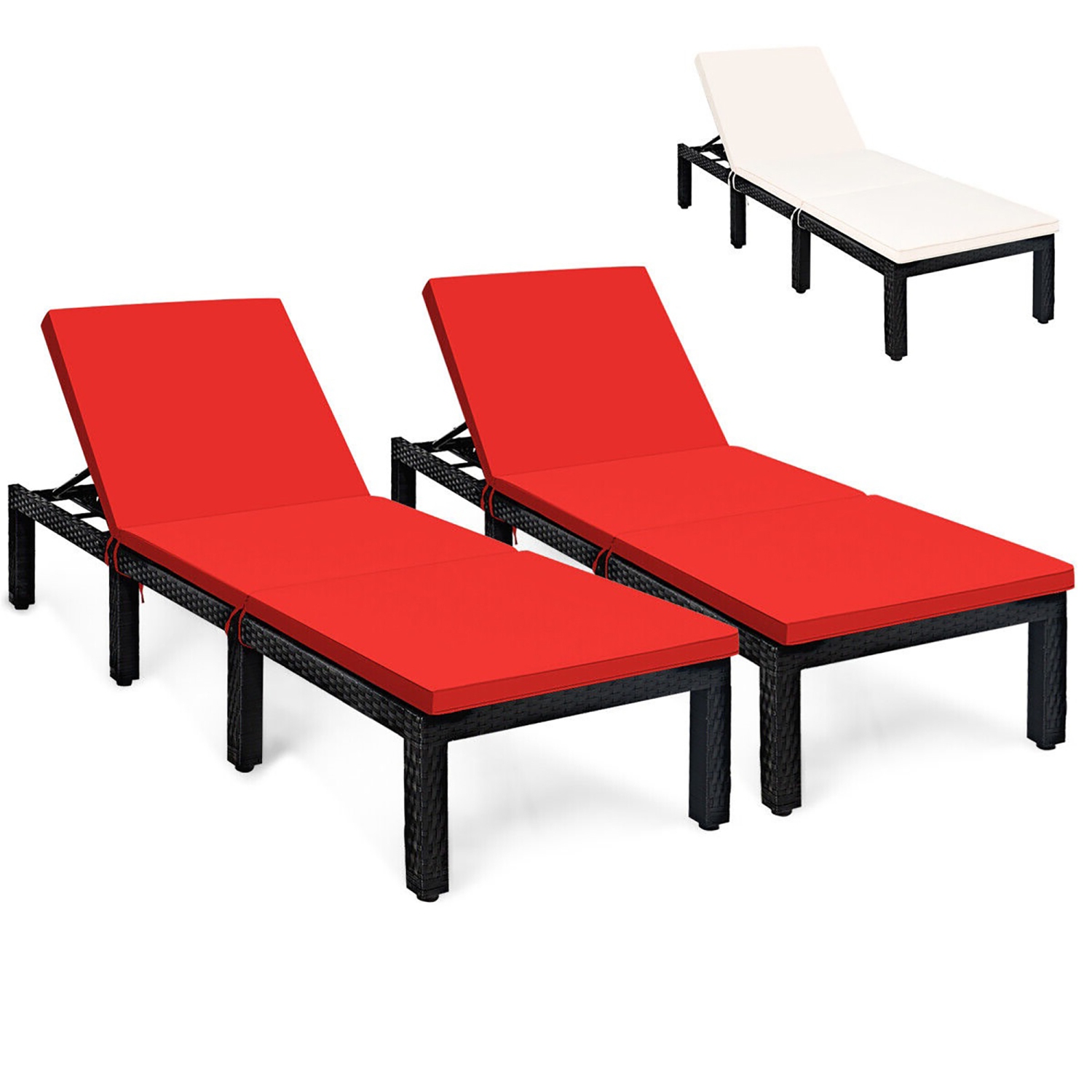 Gymax 2PCS Patio Lounge Chair Rattan Chaise w/ Adjustable Navy/Red & Off White Cushioned