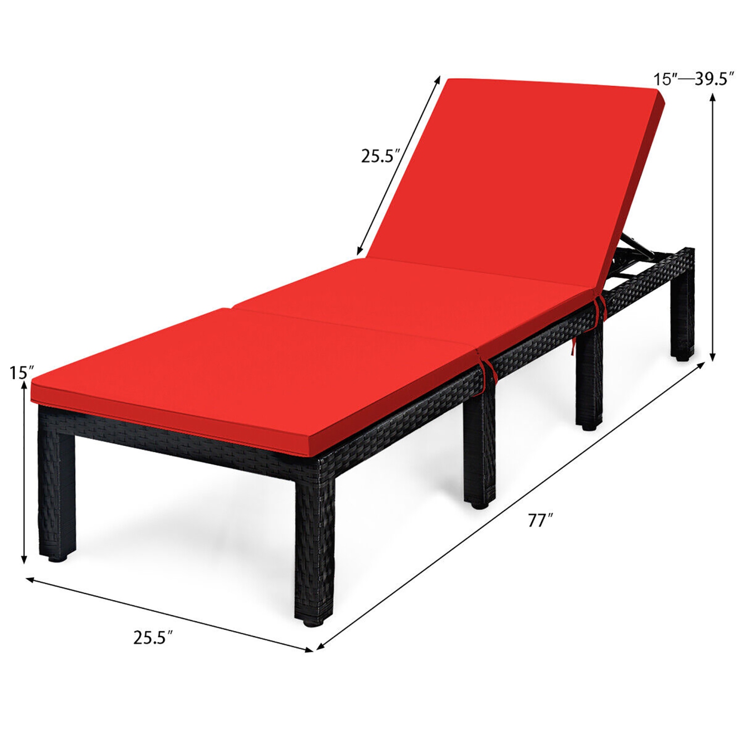 Gymax 2PCS Patio Lounge Chair Rattan Chaise w/ Adjustable Navy/Red & Off White Cushioned