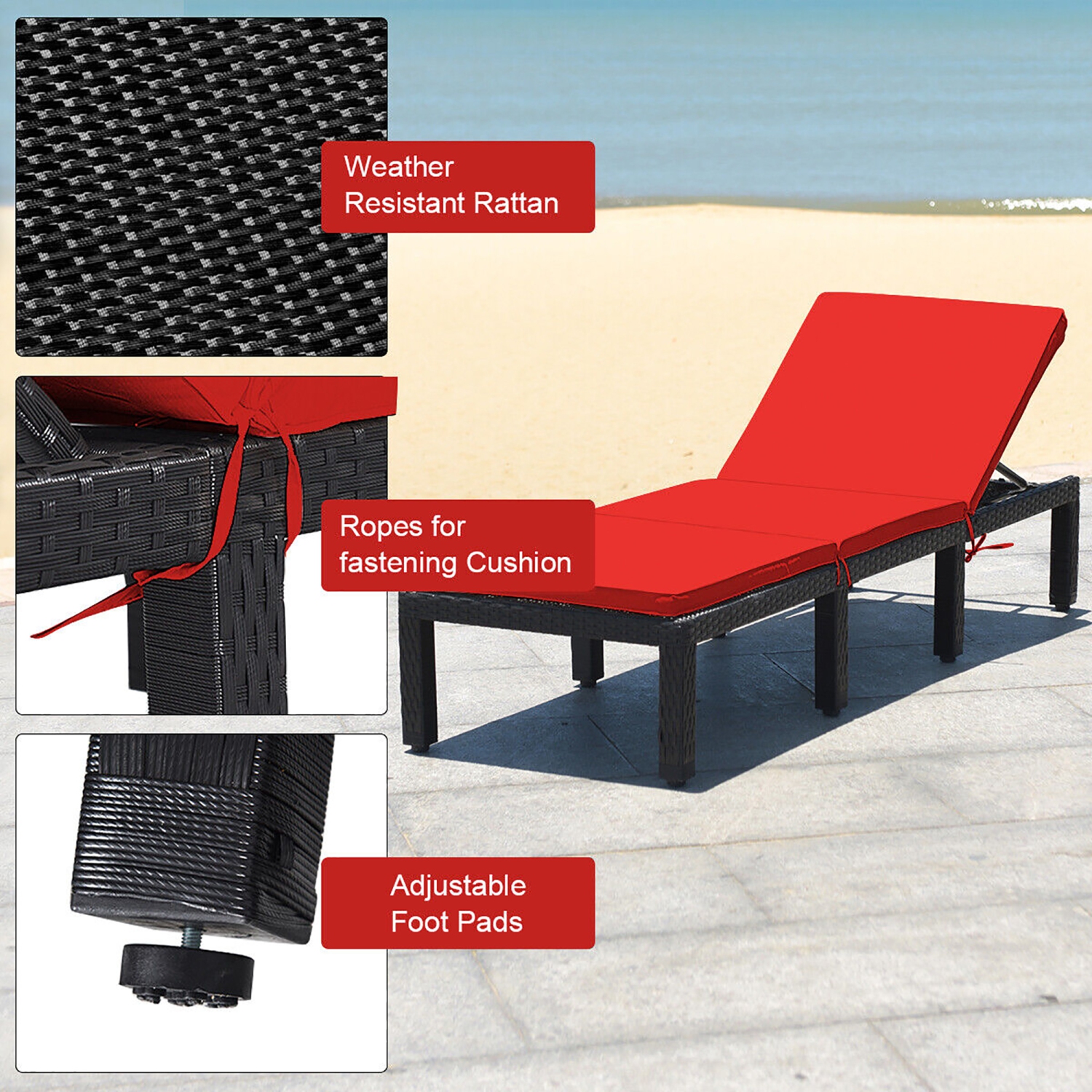 Gymax 2PCS Patio Lounge Chair Rattan Chaise w/ Adjustable Navy/Red & Off White Cushioned