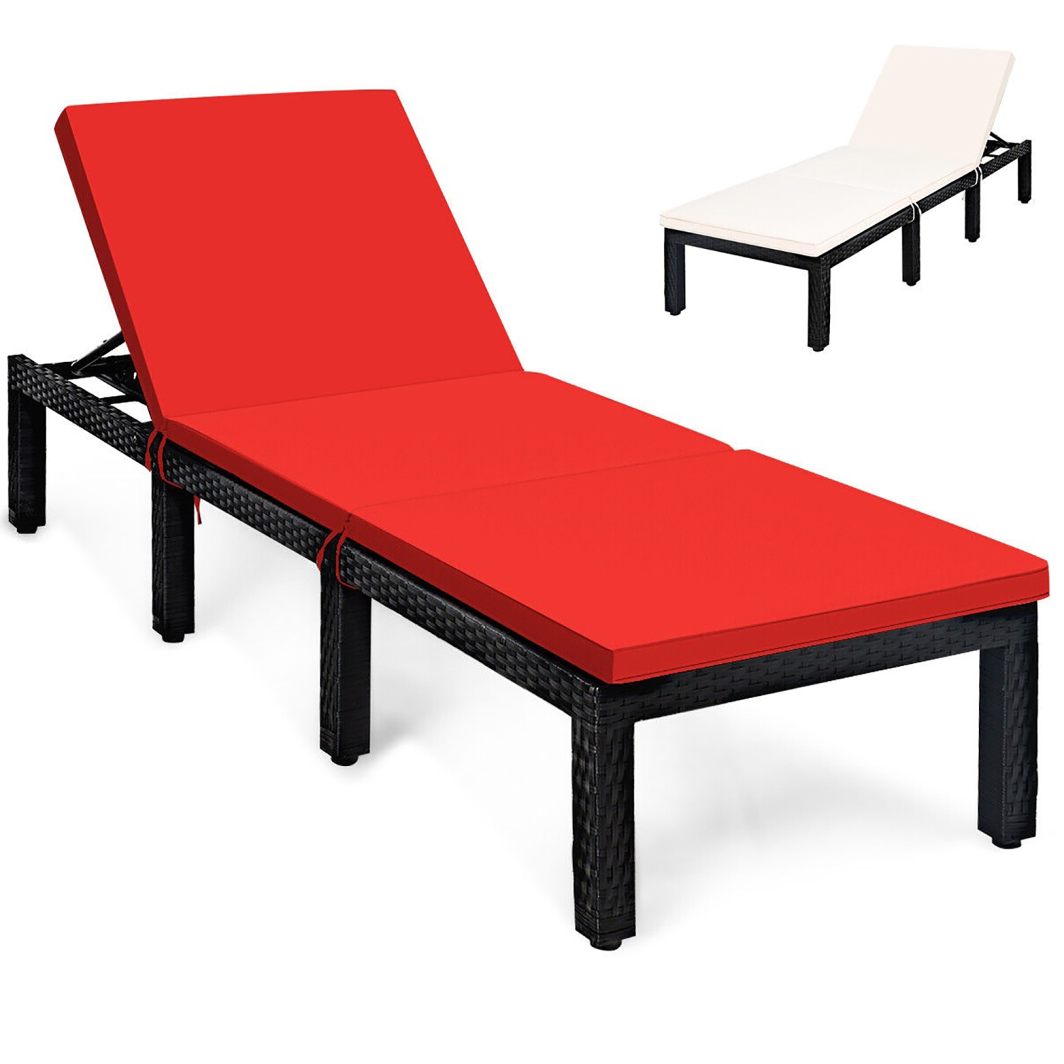 Gymax Patio Lounge Chair Rattan Chaise w/ Adjustable Navy/Red & Off White Cushioned