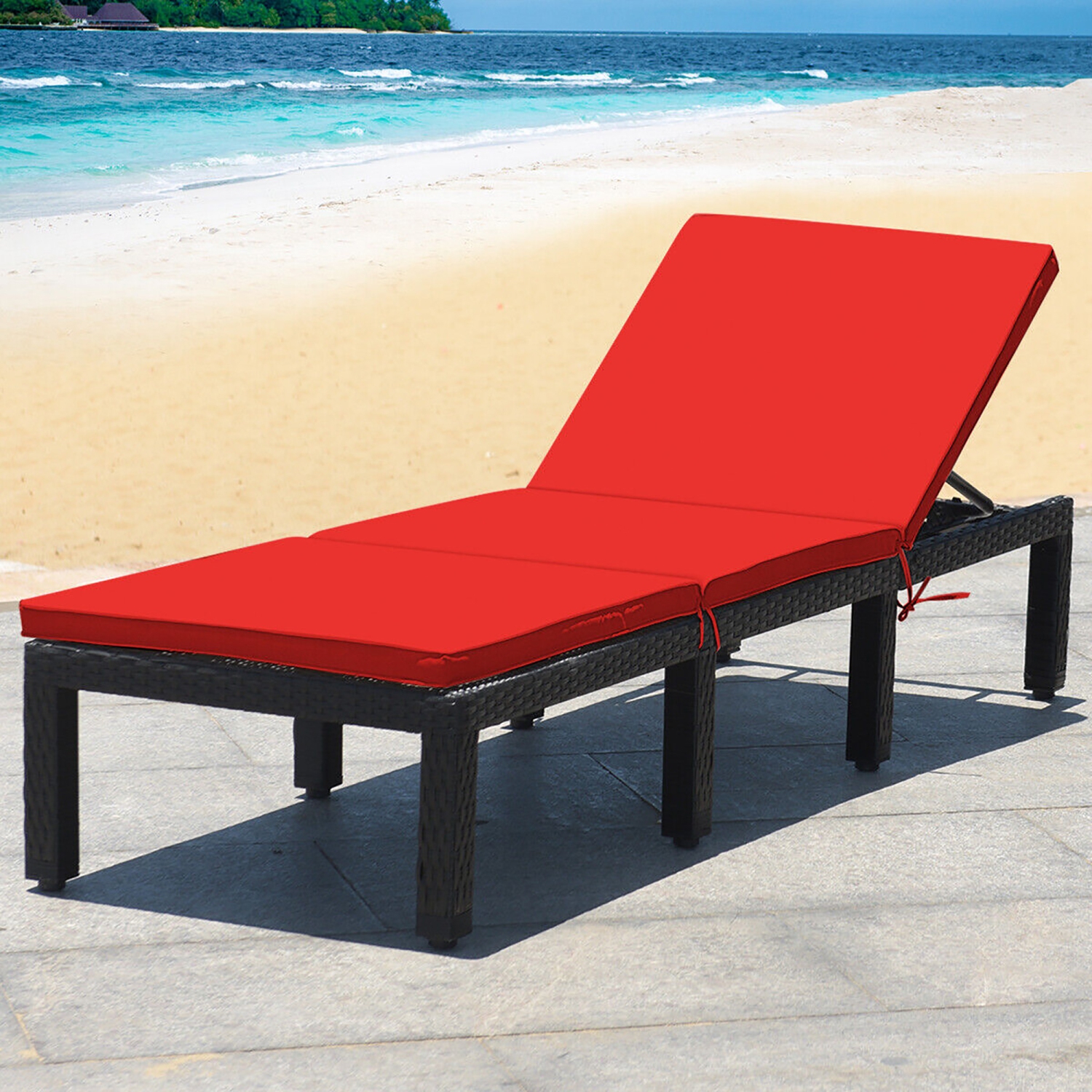 Gymax Patio Lounge Chair Rattan Chaise w/ Adjustable Navy/Red & Off White Cushioned