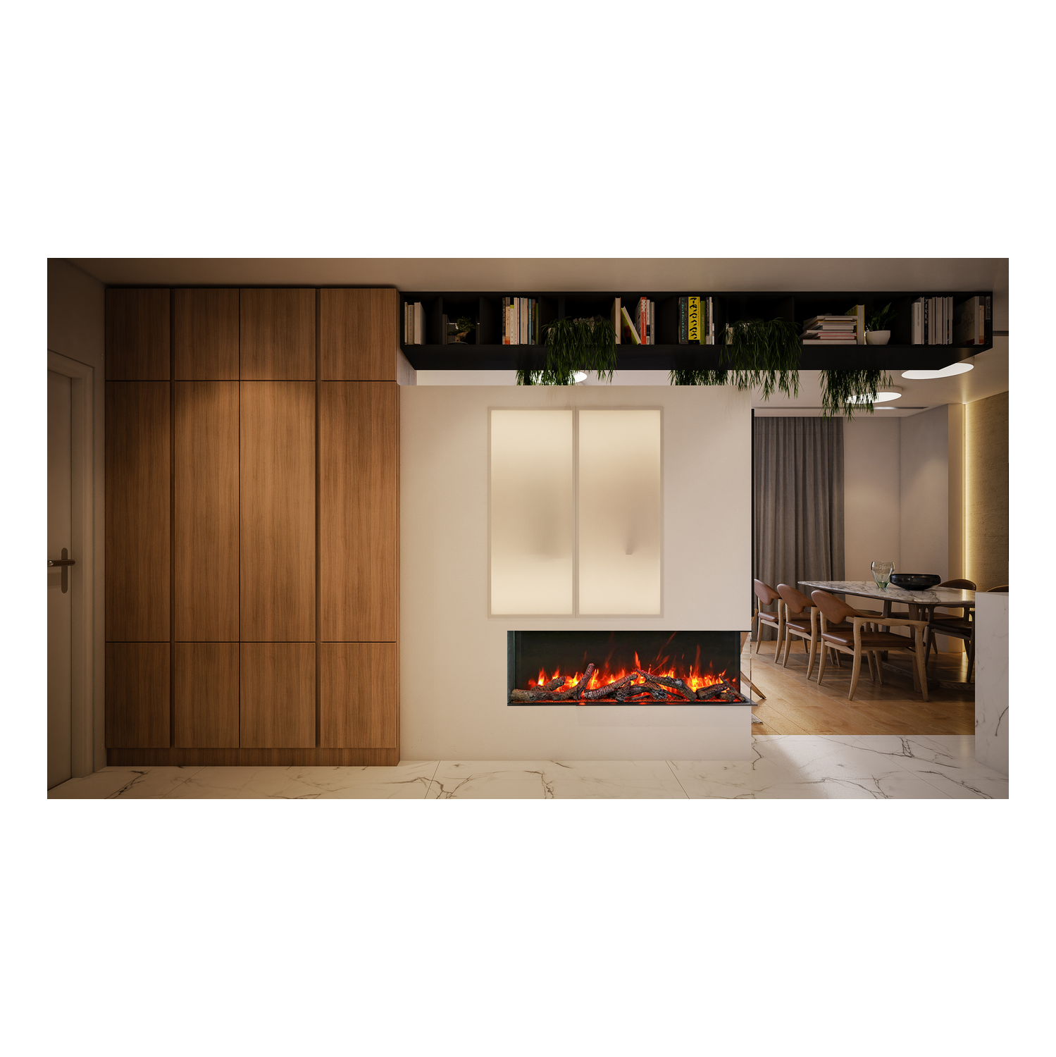 Le foyer électrique mince Bay de 30 po comprend un ensemble de 10 bûches, du verre de feu gris anthracite, de la vermiculite, du verre de feu noir et