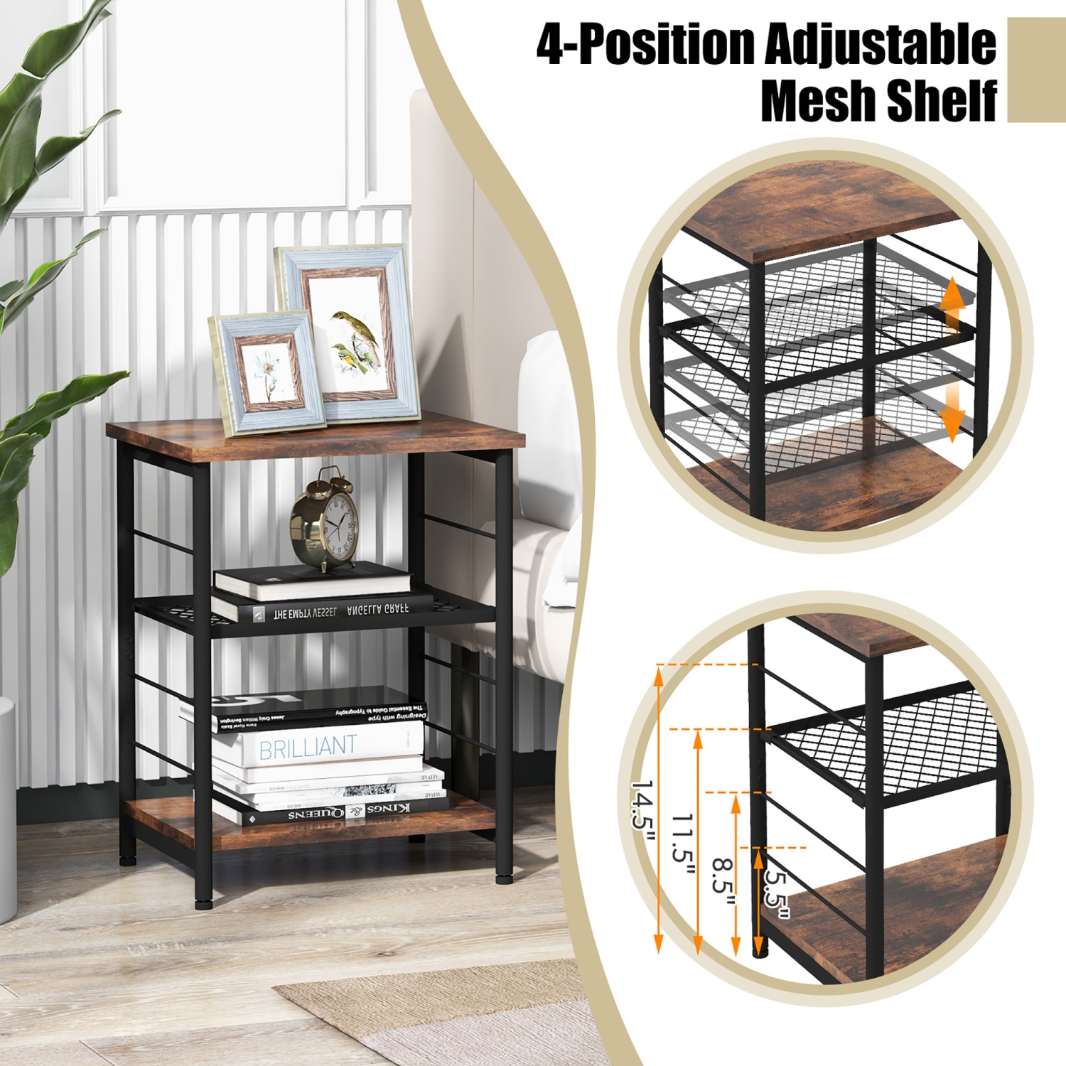 Gymax 3-Tier Side Table Industrial End Table w/ Adjustable Height Metal Mesh Shelf