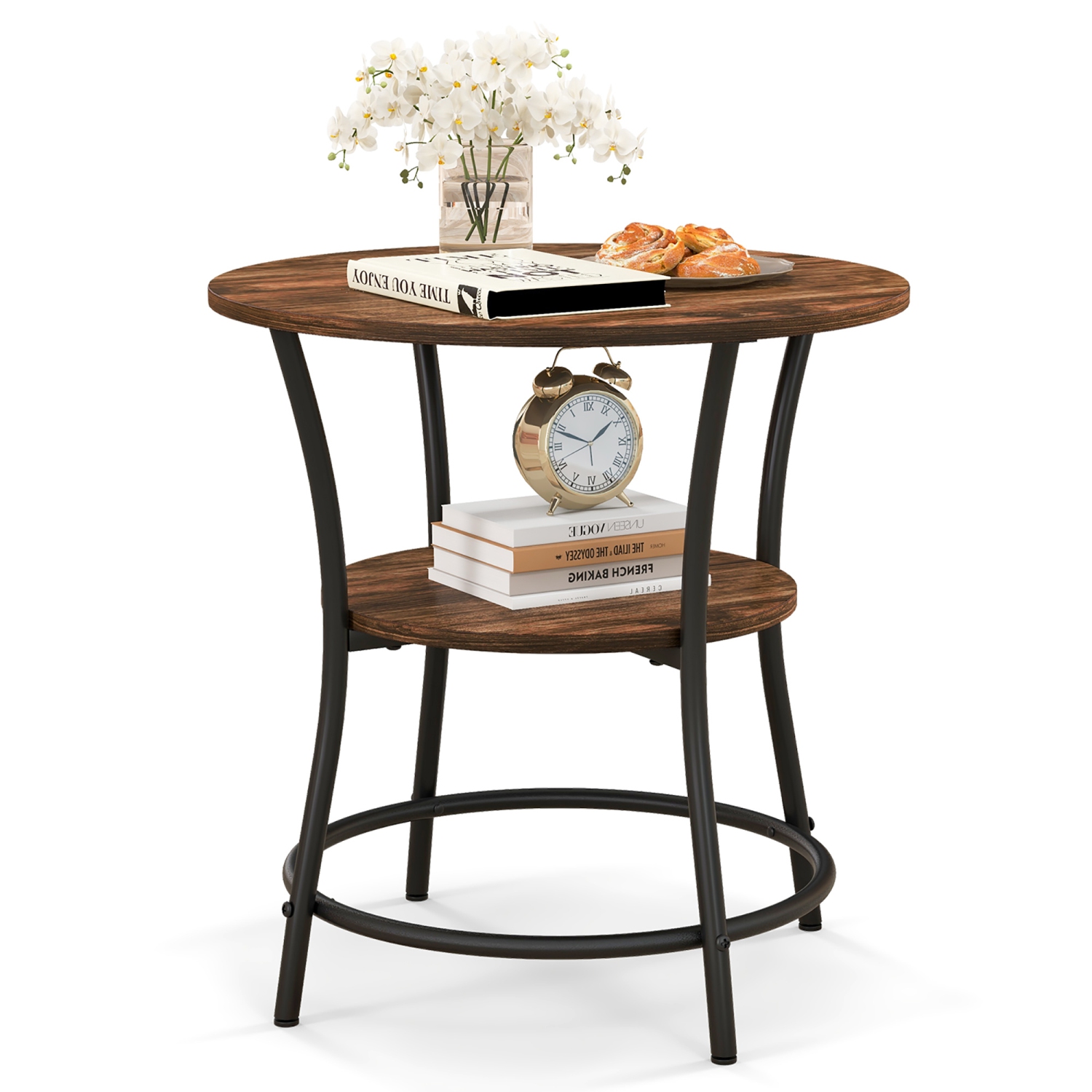 Gymax 2-Tier Side Table Compact Round Metal Frame Coffee Table w/ Open Shelf