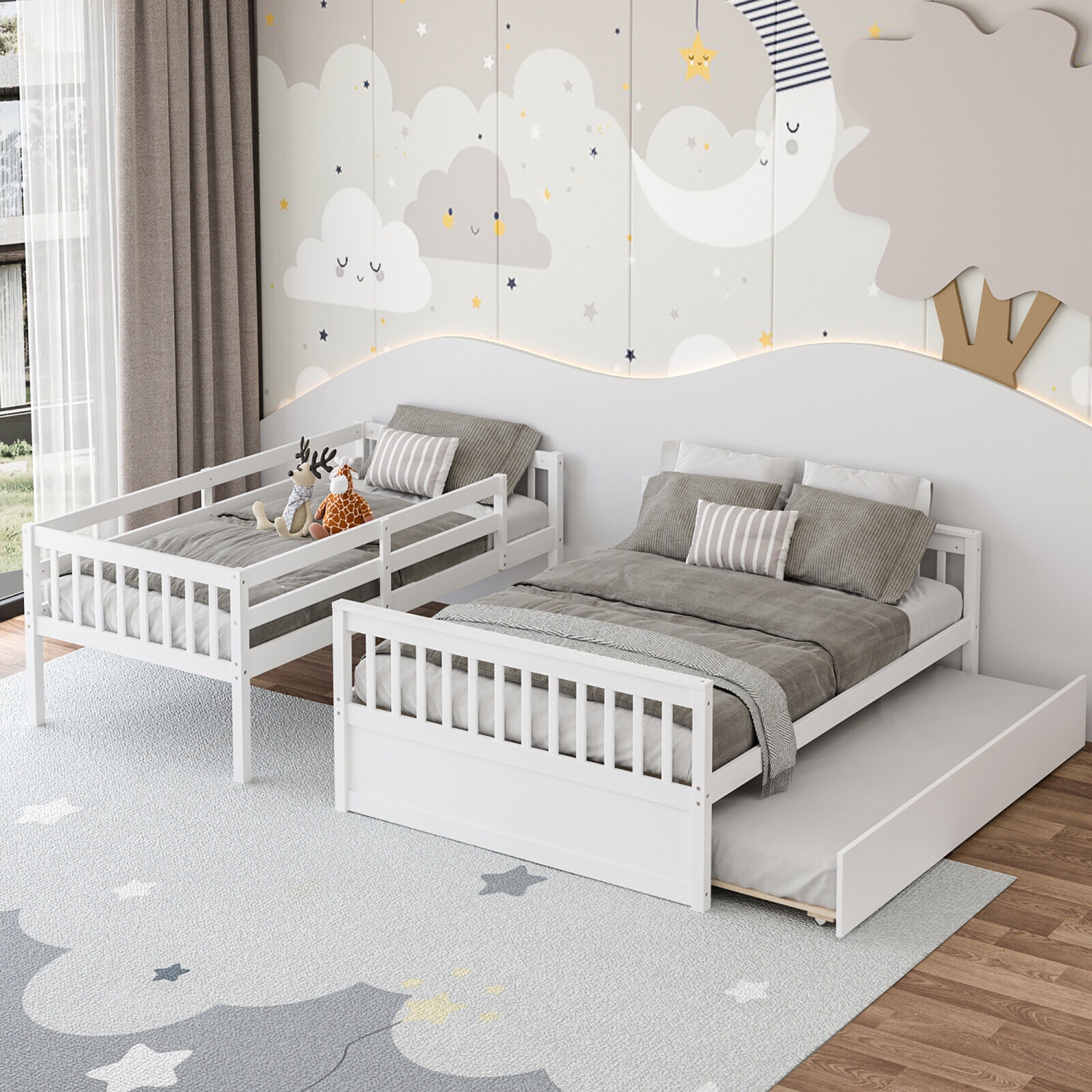 Gymax Twin Over Full Bunk Bed with Twin Trundle Convertible Platform Bed