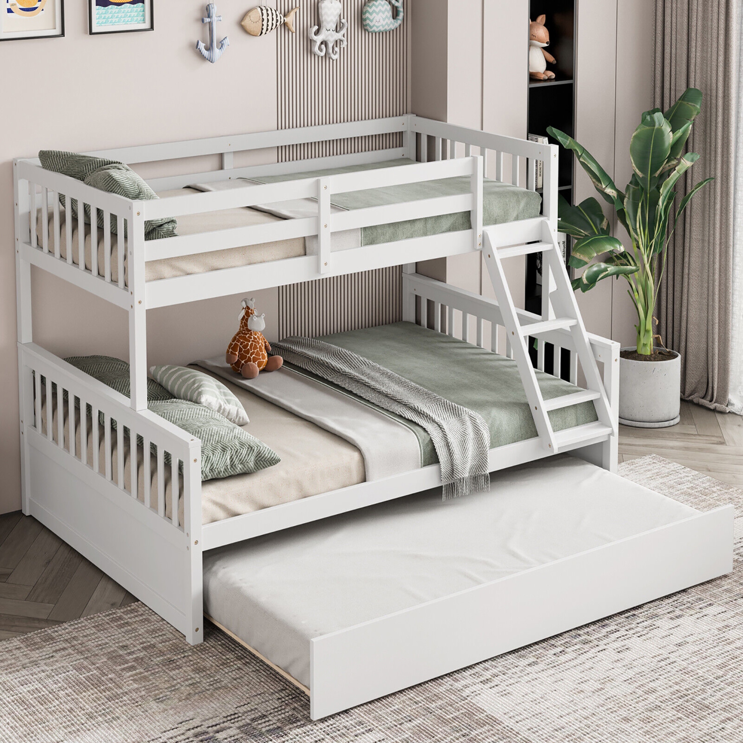 Gymax Twin Over Full Bunk Bed with Twin Trundle Convertible Platform Bed