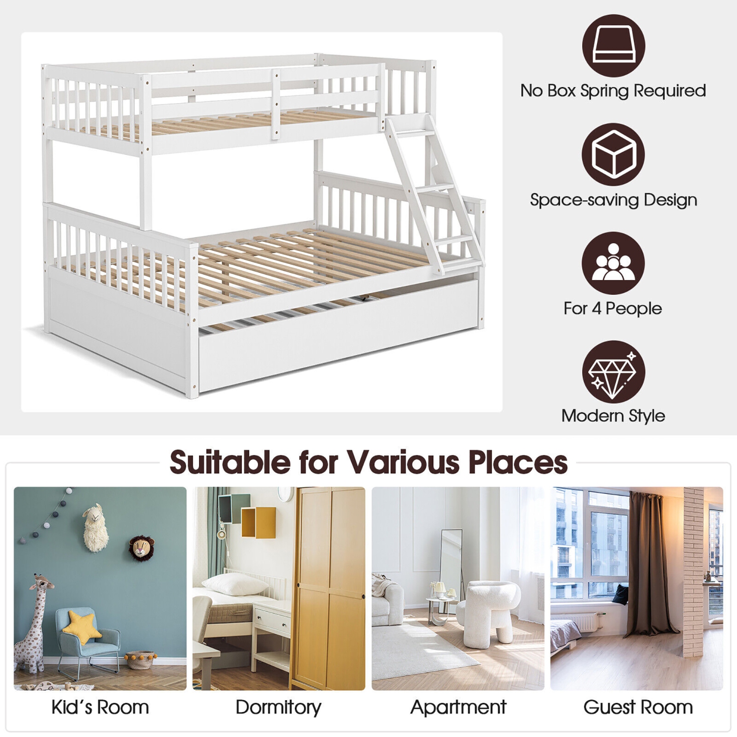 Gymax Twin Over Full Bunk Bed with Twin Trundle Convertible Platform Bed