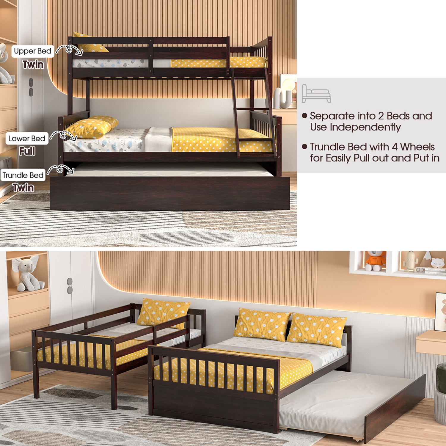 Gymax Twin Over Full Bunk Bed with Twin Trundle Convertible Platform Bed