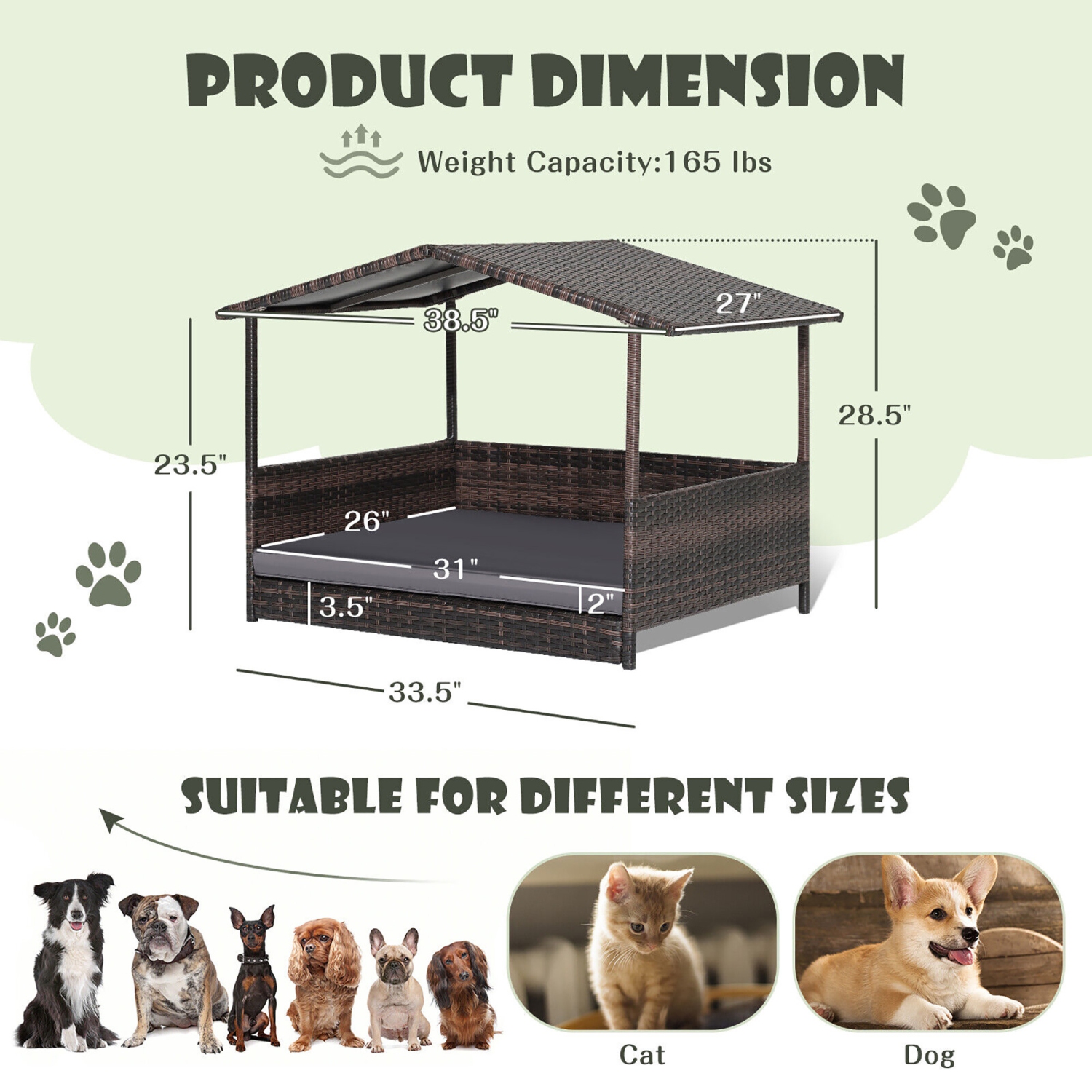 Gymax Wicker Dog House w/ Cushion Lounge Raised Rattan Bed for Indoor/Outdoor Grey