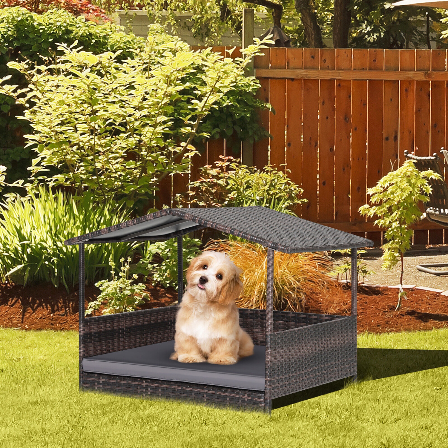 Gymax Wicker Dog House w/ Cushion Lounge Raised Rattan Bed for Indoor/Outdoor Grey