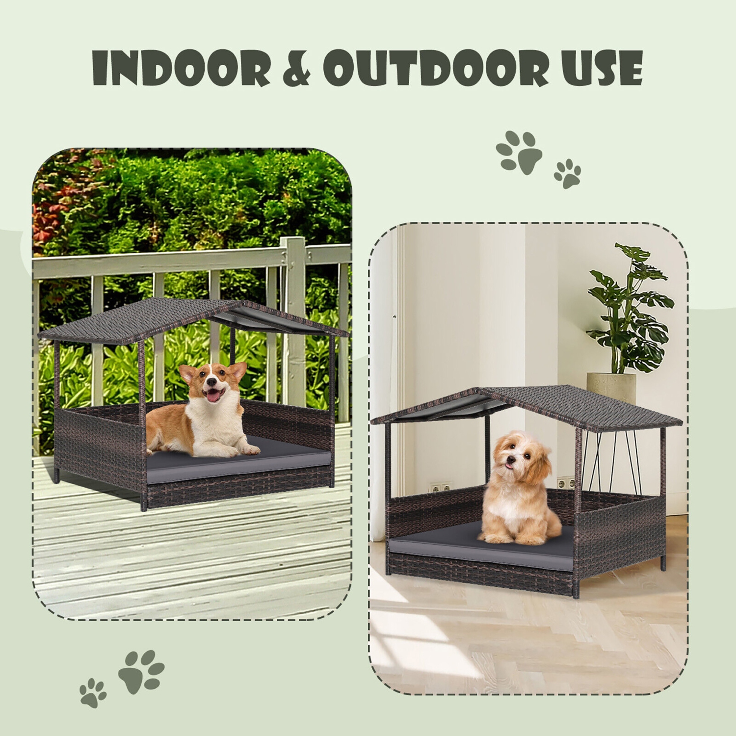 Gymax Wicker Dog House w/ Cushion Lounge Raised Rattan Bed for Indoor/Outdoor Grey