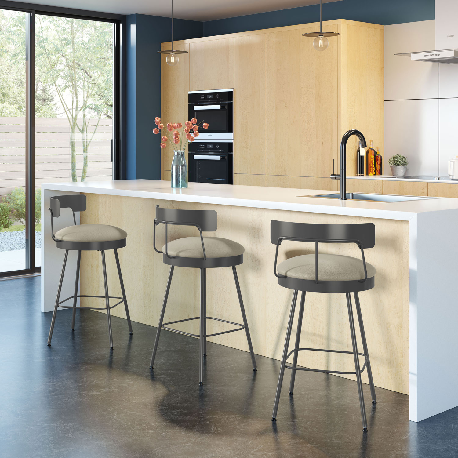 Tabouret de bar contemporain à hauteur de comptoir Monza - Gris beige/Gris foncé