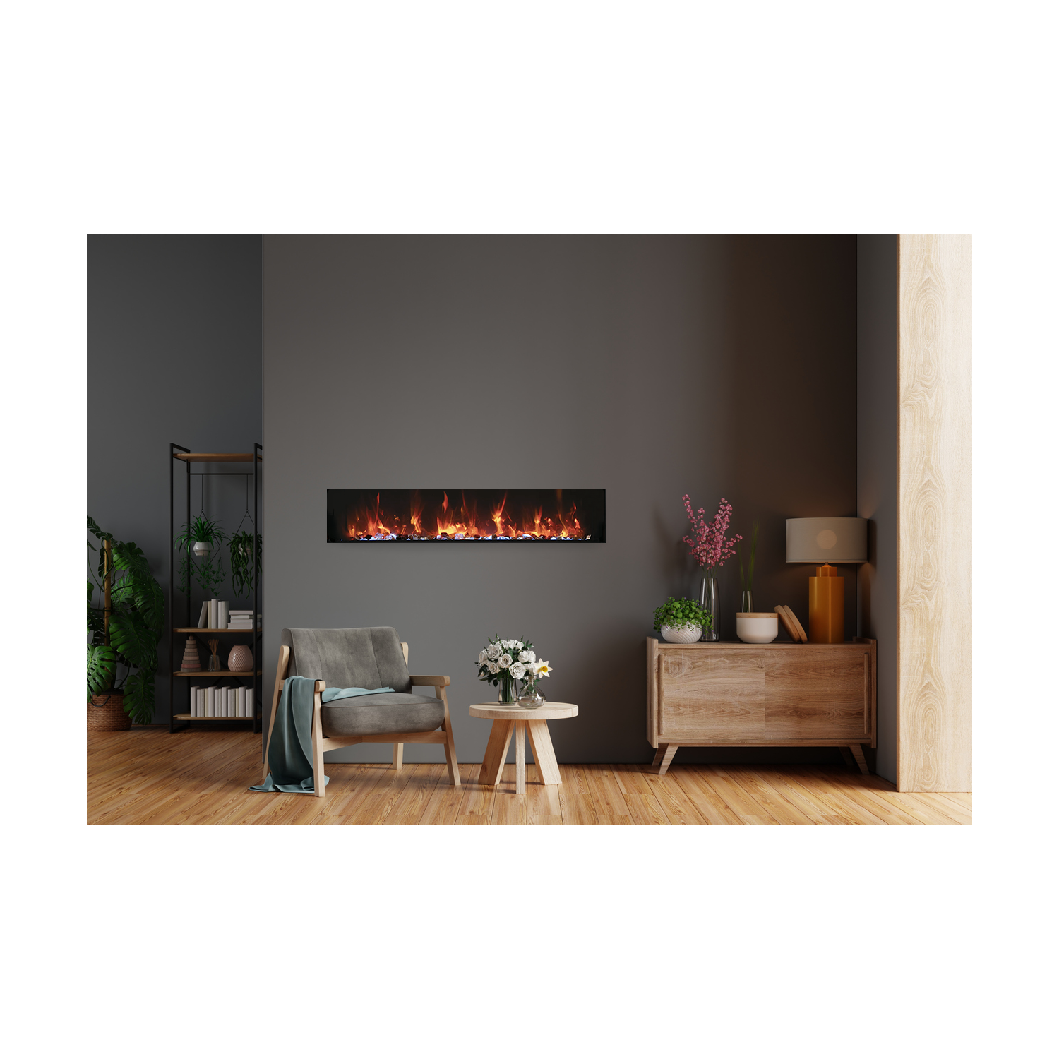 Le foyer électrique intelligent ultra-mince Panorama BI de 40 po est offert en standard avec du verre transparent, un cadre en acier noir et une