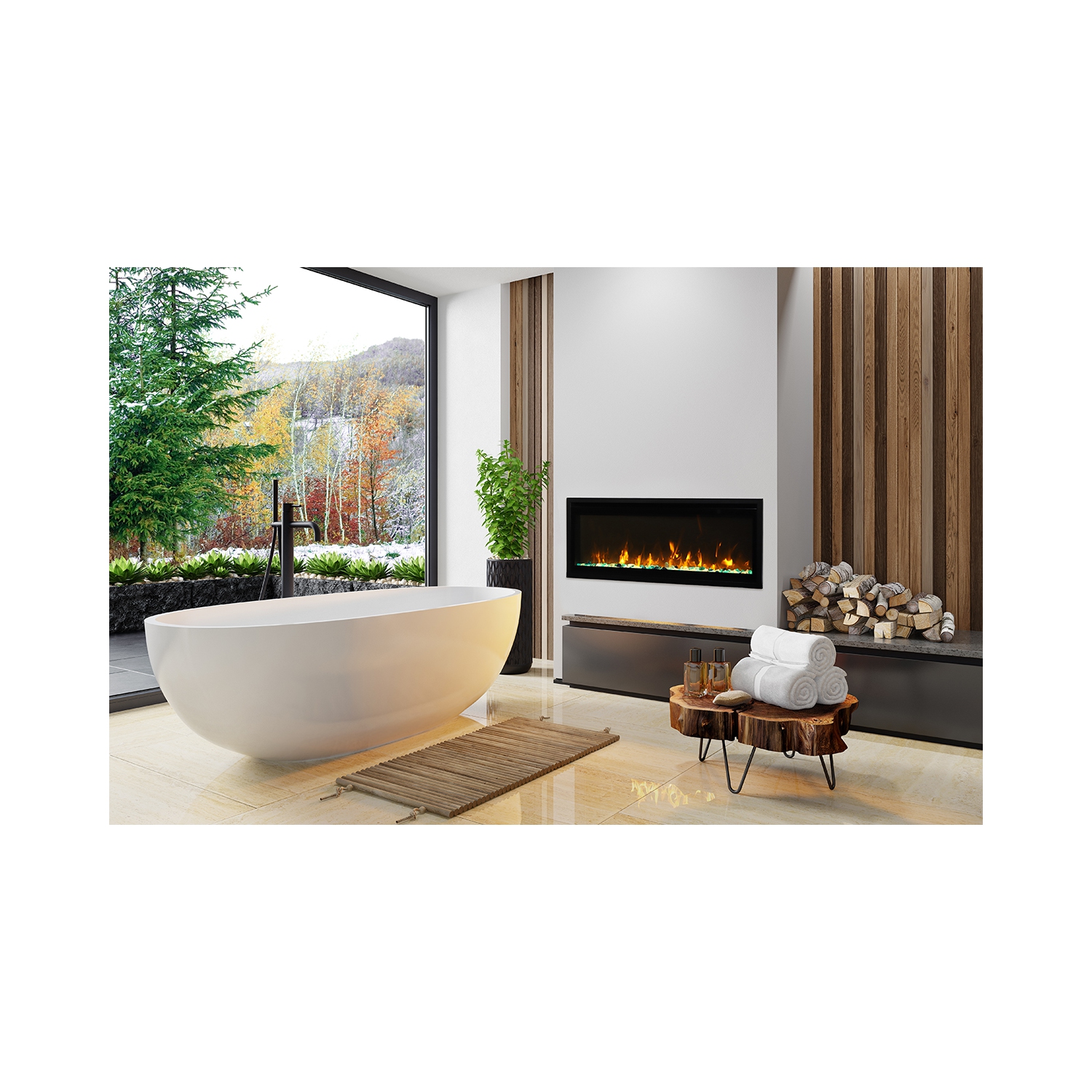 Le foyer électrique intelligent ultra-mince Panorama BI de 30 po est offert en standard avec du verre transparent, un cadre en acier noir et une