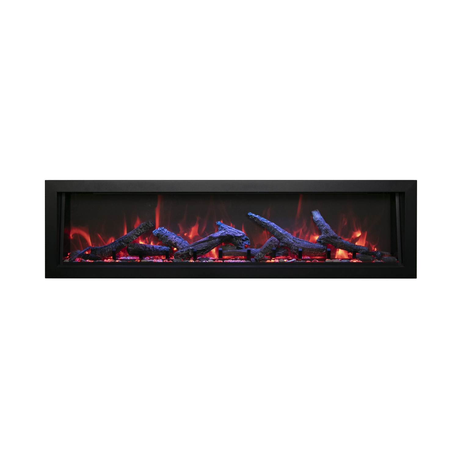 Panorama 88" BI Deep Smart Electric fireplace comes with an ICE media set, an 11-piece log set, as well as a black steel surround, and a remote.