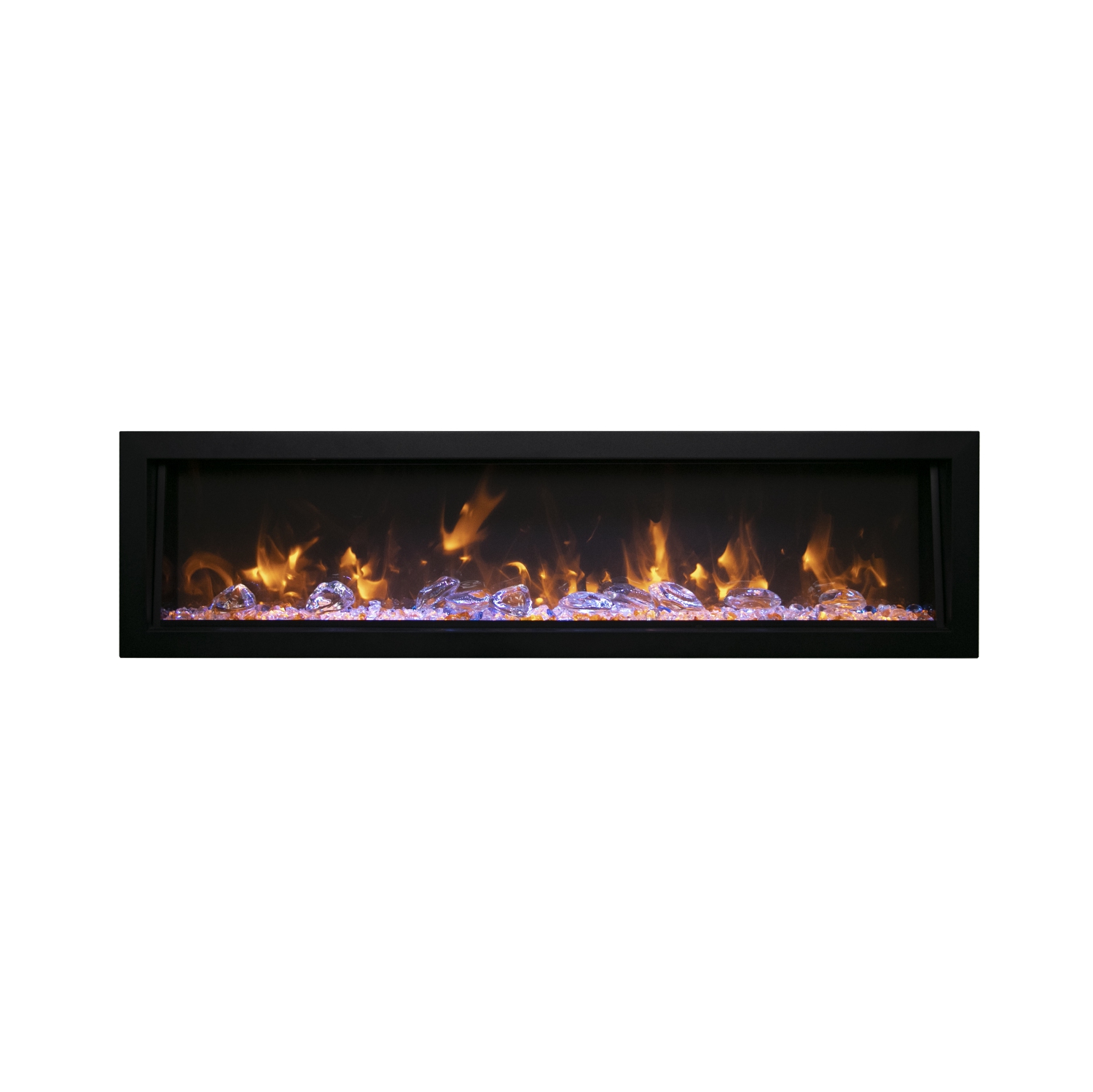 Panorama 88" BI Deep Smart Electric fireplace comes with an ICE media set, an 11-piece log set, as well as a black steel surround, and a remote.