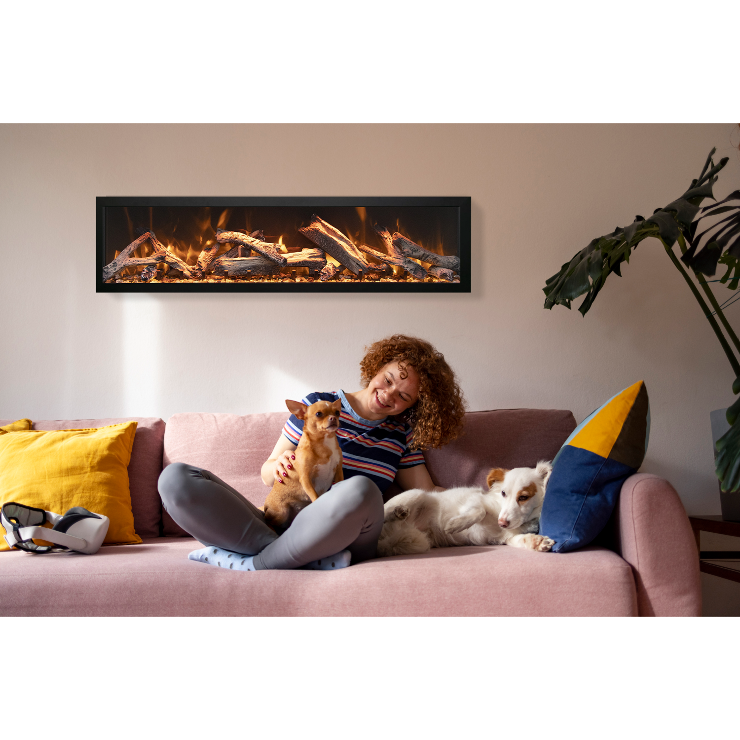 Panorama 88" BI Deep Smart Electric fireplace comes with an ICE media set, an 11-piece log set, as well as a black steel surround, and a remote.